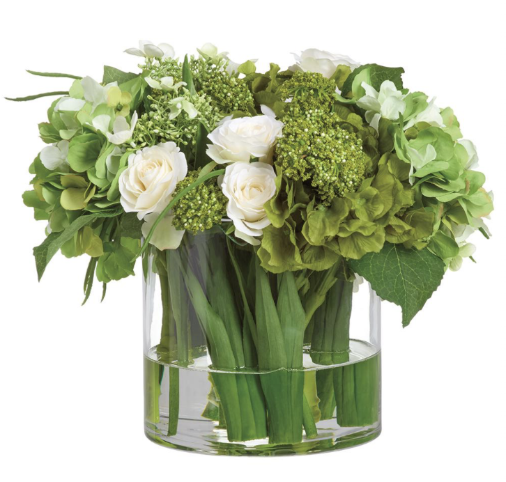 Hydrangea/Rose Mix in Glass Vase Green Cream