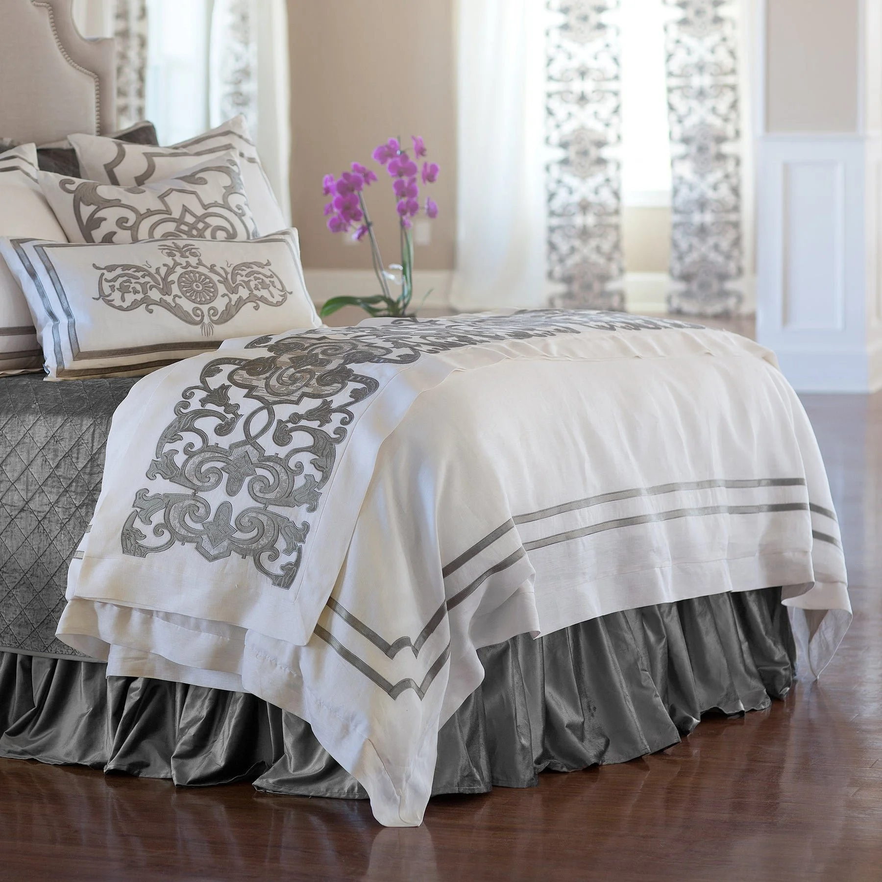 White Soho Linen with Steel Velvet Appliqué Duvet Collection