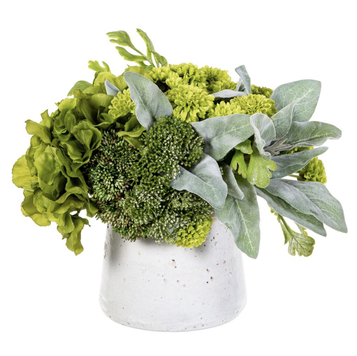 Pompom/Fern/Lambs Ear in Stoneware Container Green