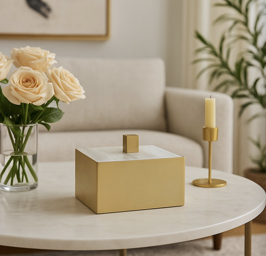 6" Square Selenite Top Box, White/gold