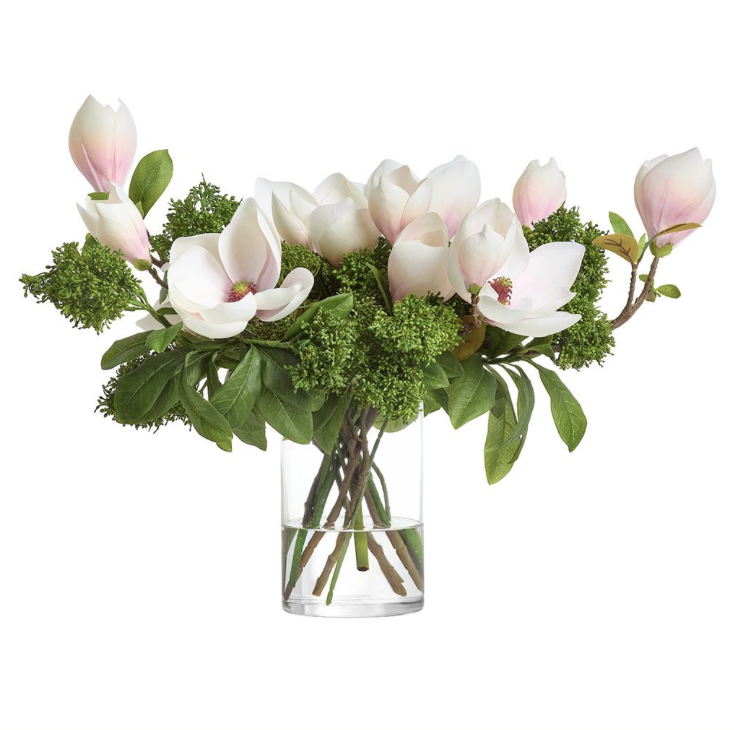 Magnolia/Sedum Arrangement in Glass Vase Pink Blush