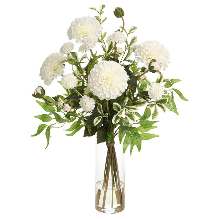 Dahlia/Pompom Arrangmt In Glass Vas Cream Green