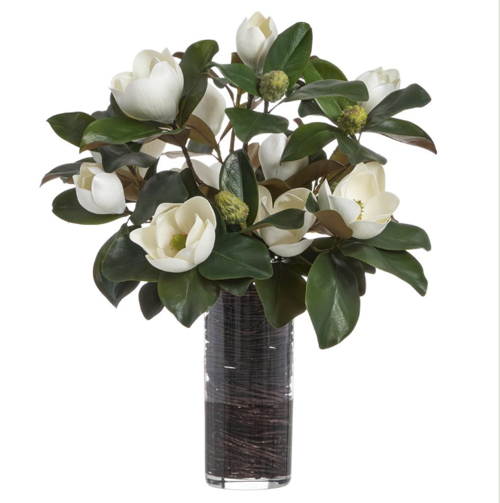 Magnolia/Twig Arrangement in Tall Glass Vase White