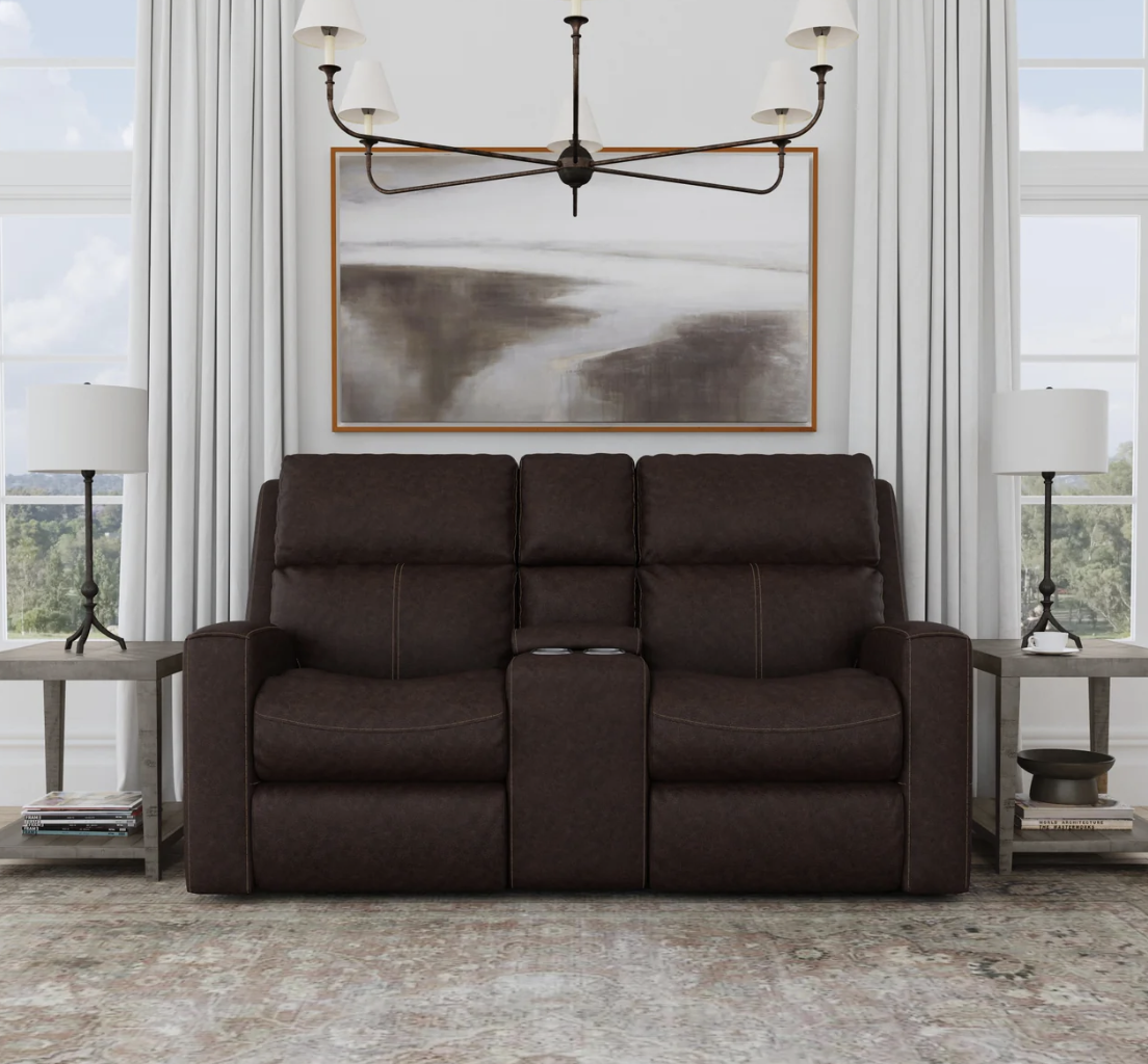 Customizable Score Leather Power Reclining Loveseat with/ Console