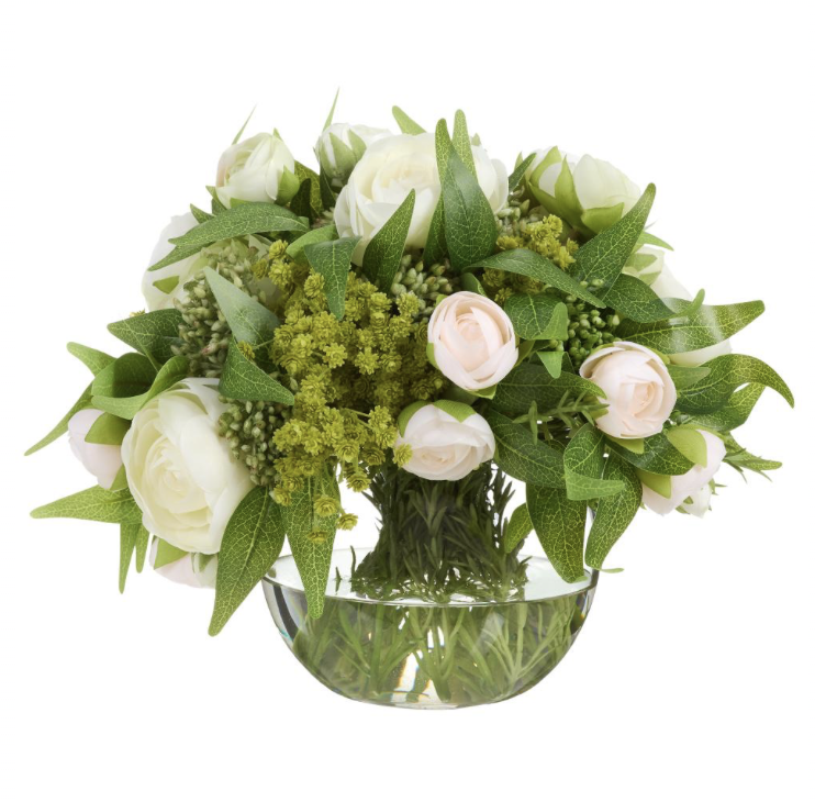 Ranunculus/Viburnum/Ruscus in Glass Vase Cream Peach