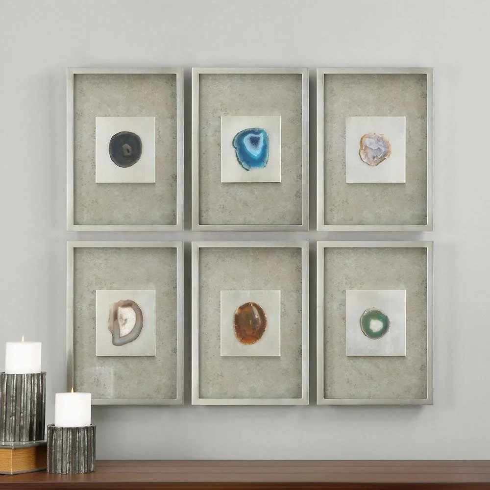 Set of 6 Agate Stone Silver Shadow Box