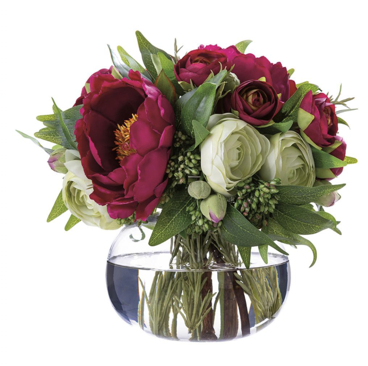 Ranunculus/Peony/Ruscus in Glass Vase Burgandy Green