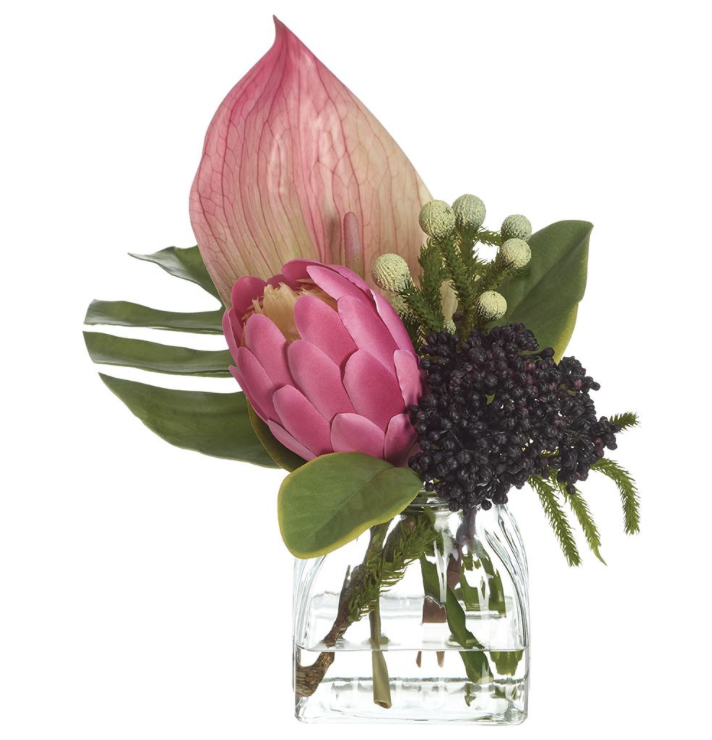 Protea/Anthurium/Philo Lf/Sedum in Glass Vase Pink