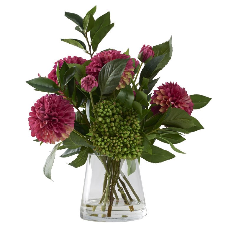 Burgundy Dahlias with Sedum Bush in Taper Vase