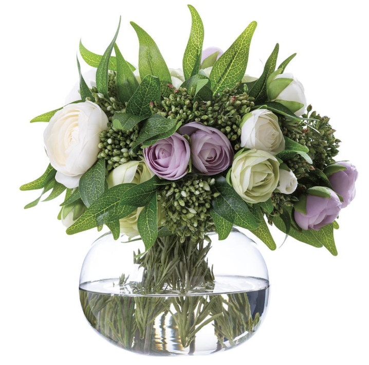 Ranunculus/Berry/Ruscus in Glass Vase Cream Lavender