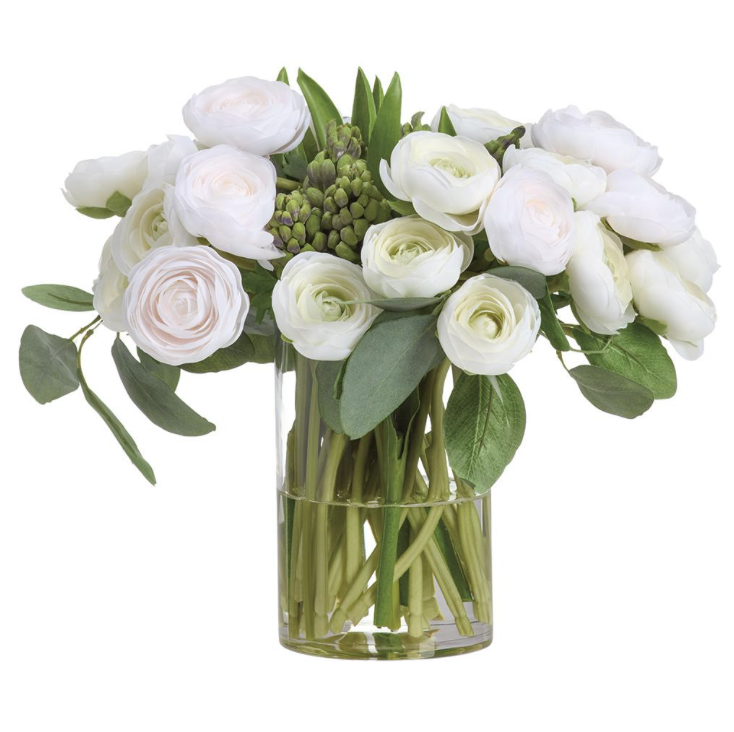 Ranunculus in Glass Vase Cream Green