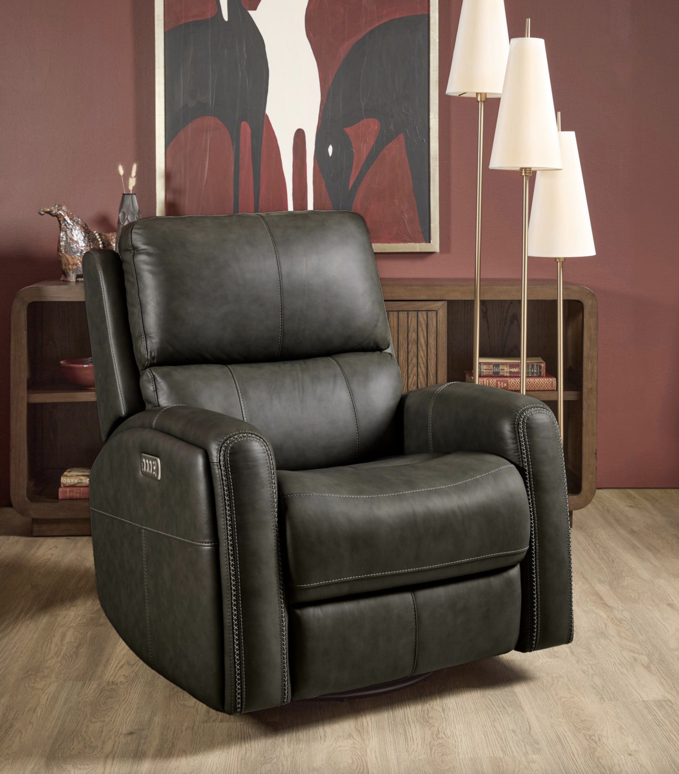 Linden Charcoal Leather Power Swivel Gliding Recliner with Power Headrest, Lumbar, Heat & Massage