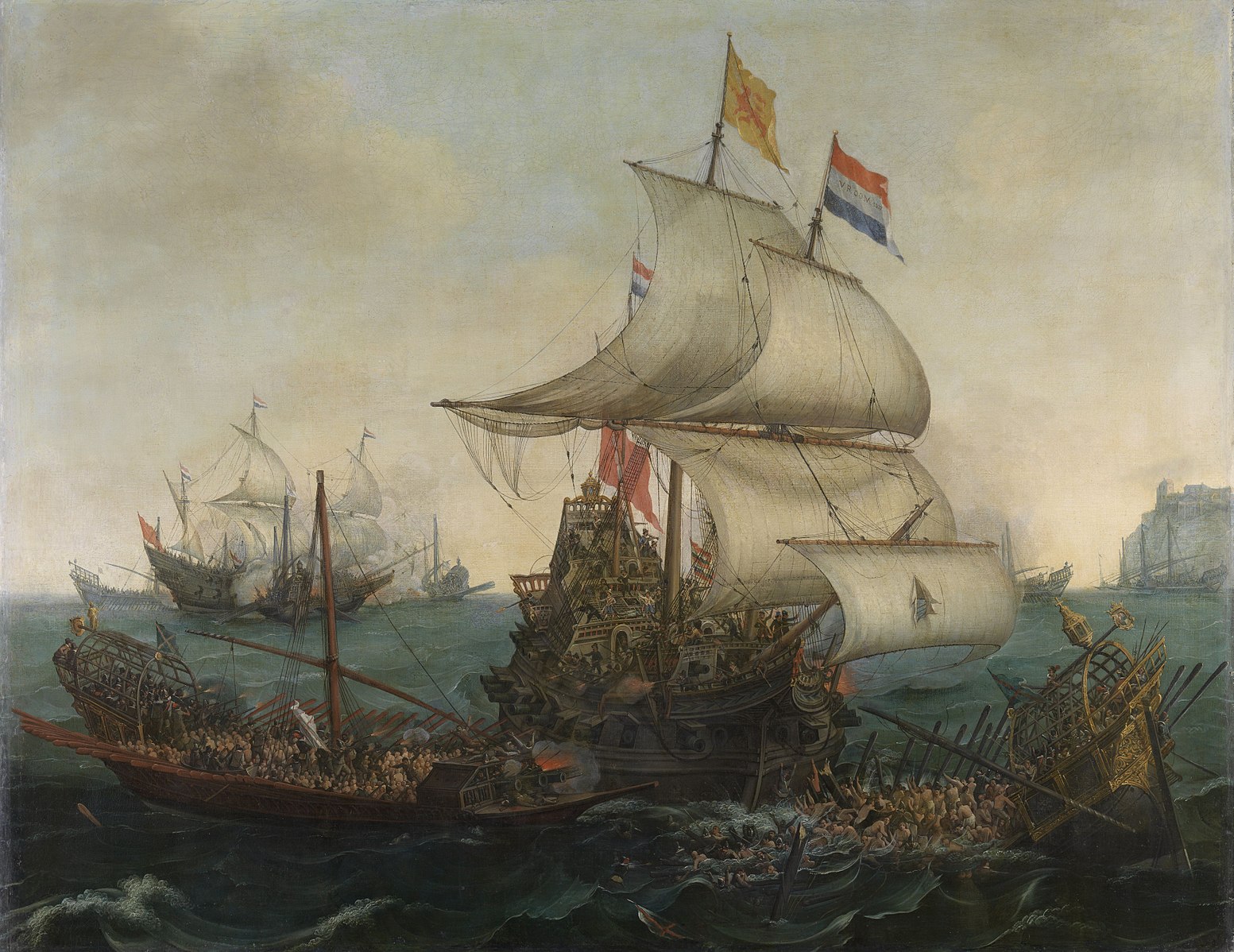Hendrick Cornelisz Vroom ’ s    Dutch ships ramming Spanish galleys off the English coast, 3 October 1602 , painted in 1617 and shown at the Rijksmuseum. This image was sourced from  Wikipedia Commons .