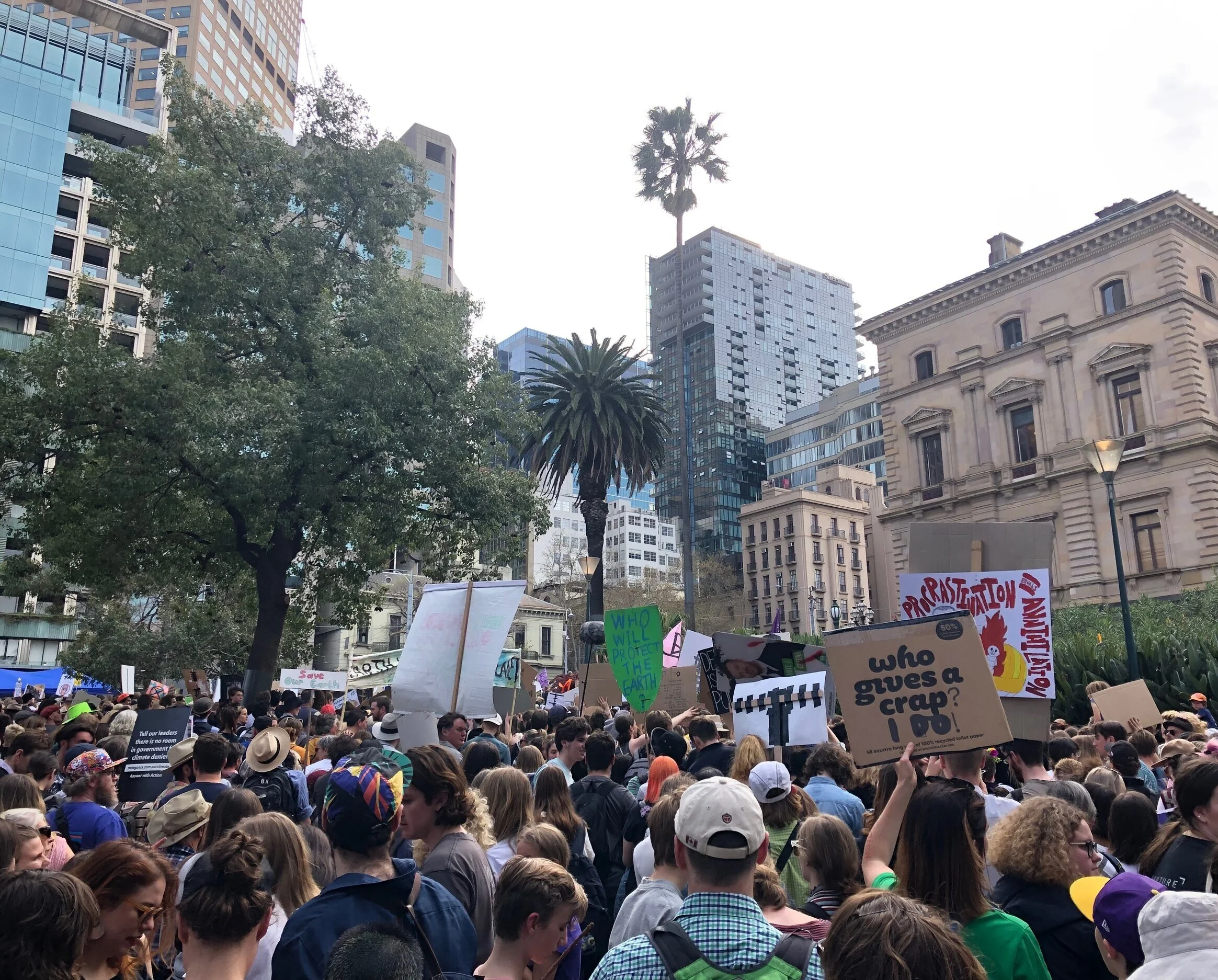 A view of the School Strike 4 Climate rally from the Treasury Gardens. Photograph by Coral Huckstep
