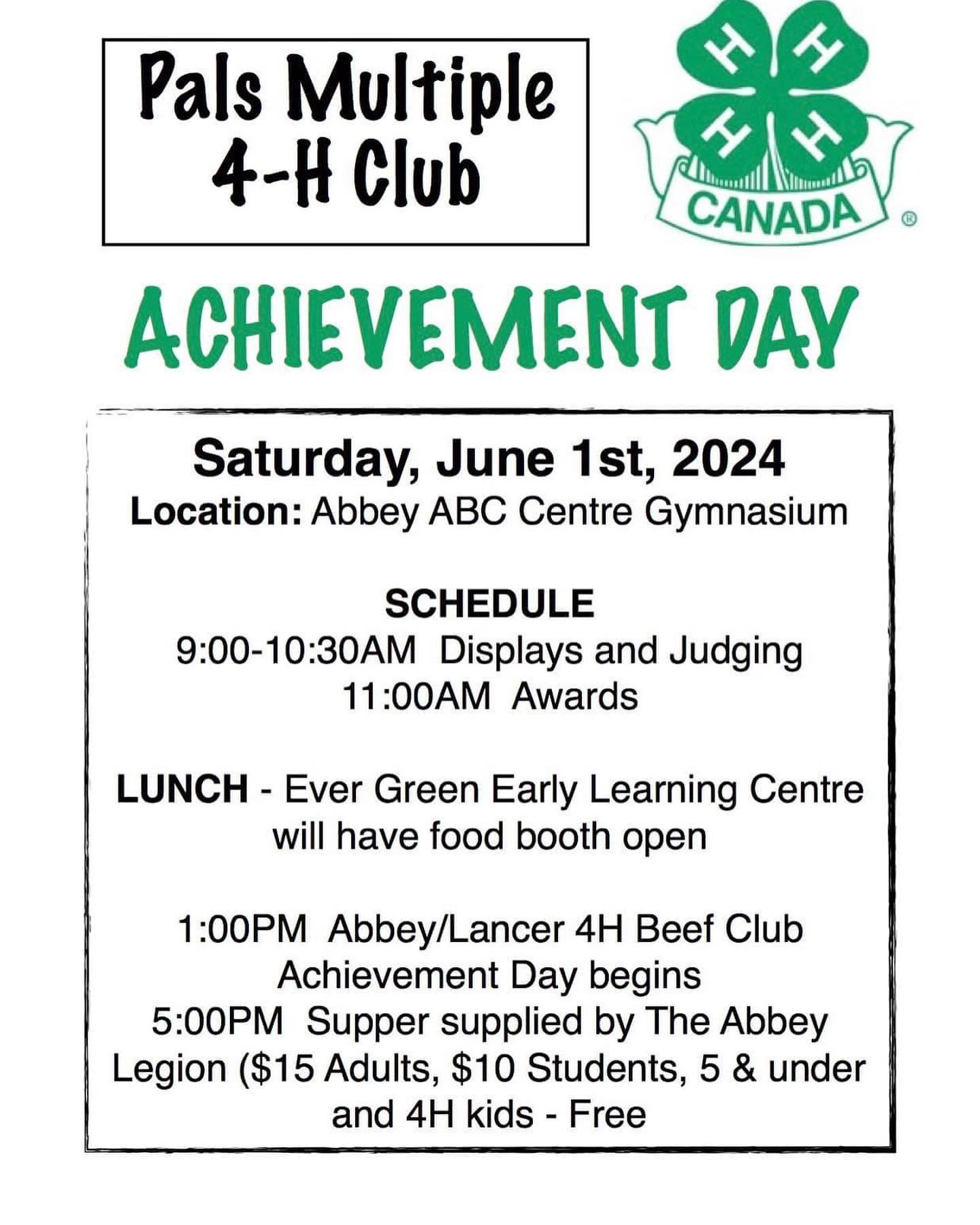 The PALS Multiple 4H Club and Abbey - Lancer 4-H Beef Club Achievement Days will both be held at Abbey at the ABC Centre on Saturday June 1! Come check out all the hard work these kiddos have put into their projects🍀