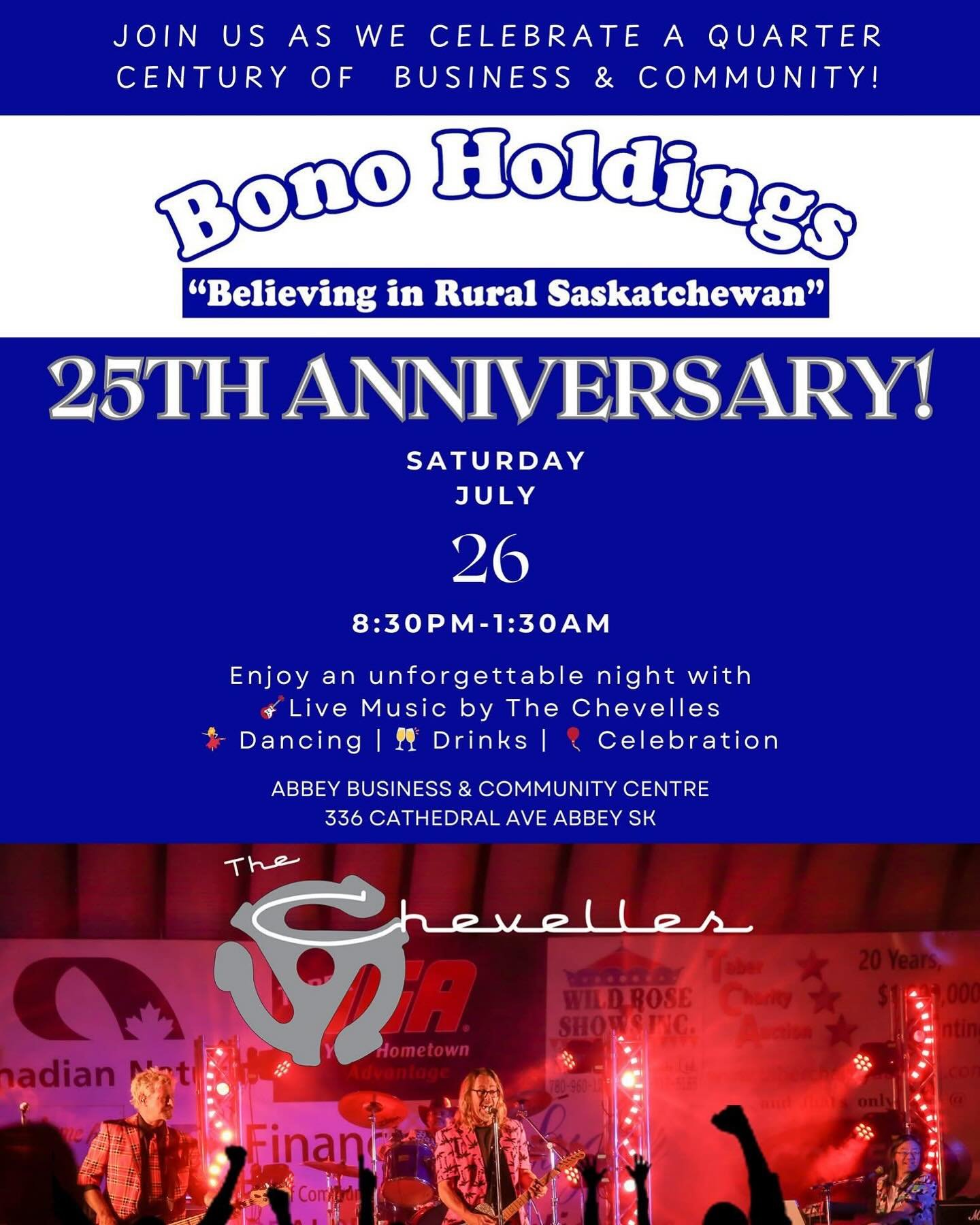 🎉 BONO HOLDINGS PRESENTS 🎉
25th Anniversary Celebration

Celebrating 25 Years of Excellence in Business &amp; Community!
📅 Date: Saturday, July 26
🕣 Time: 8:30 PM &ndash; 1:30 AM
📍 Venue: Abbey Business and Community Centre

Enjoy an unforgettab