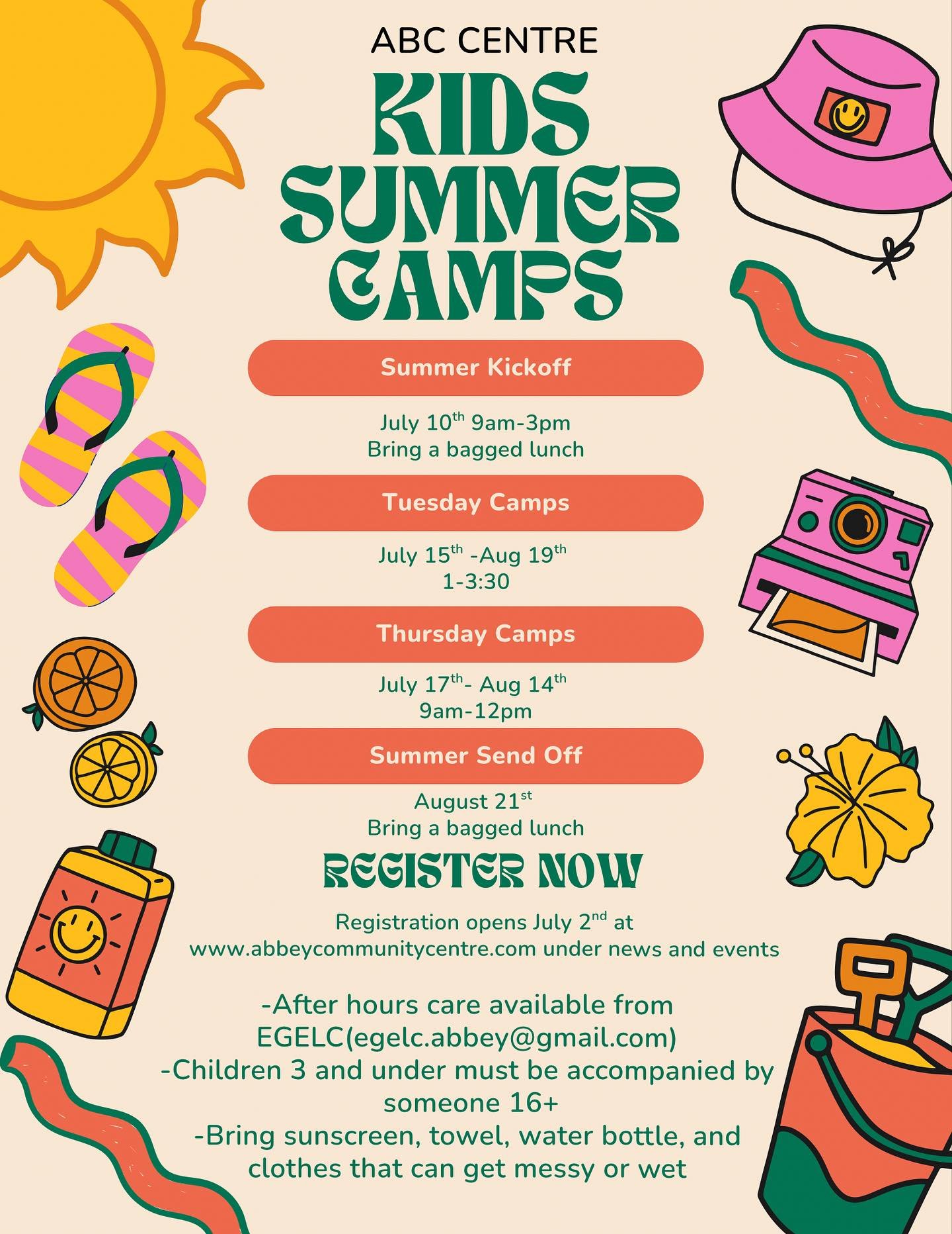 Join us at the ABC Centre for our kids summer camps starting July 10th!☀️

Register now at 
www.abbeycommunitycentre.com 
Under news or events!🍉⛱