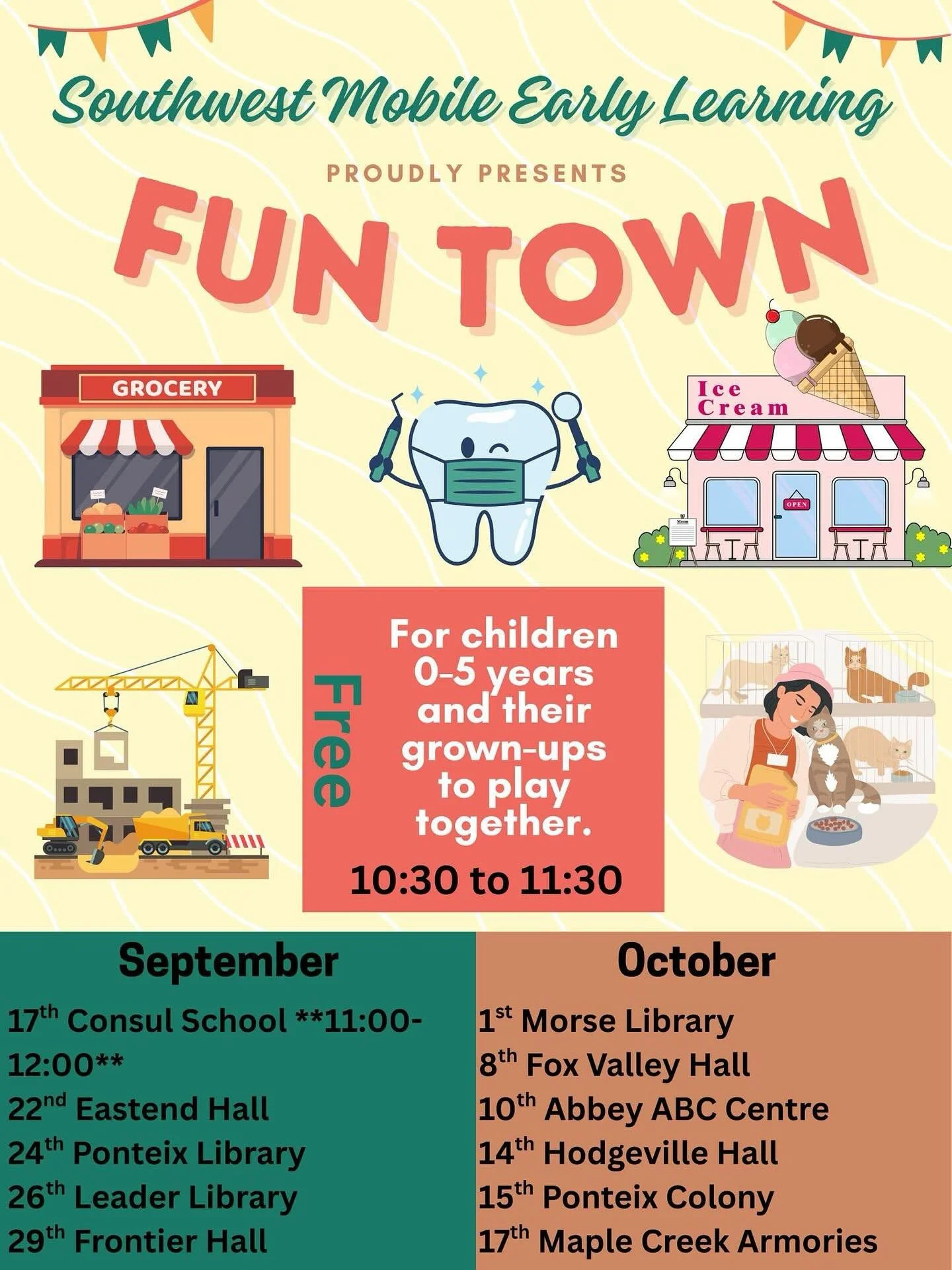 SW Mobile is coming back to Abbey October 10 with their program-Fun Town. Join us for pretend play and awesome activities in Fun Town at the Grocery Store, Dentist&rsquo;s Office, Ice Cream Shop, Animal Rescue Centre, Construction Site, Nail Salon an