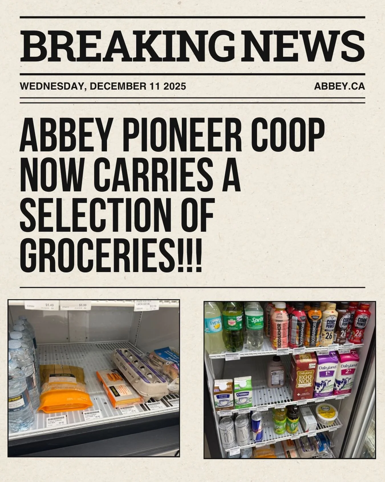 🚨 Breaking News in Abbey! 🚨
Abbey Pioneer Co-op now has a selection of groceries right here in town! 🛒🥚🥛

No more driving 40 minutes just to grab a carton of milk or eggs &mdash; convenience is finally local. 🙌

Stop in, take a look around, and