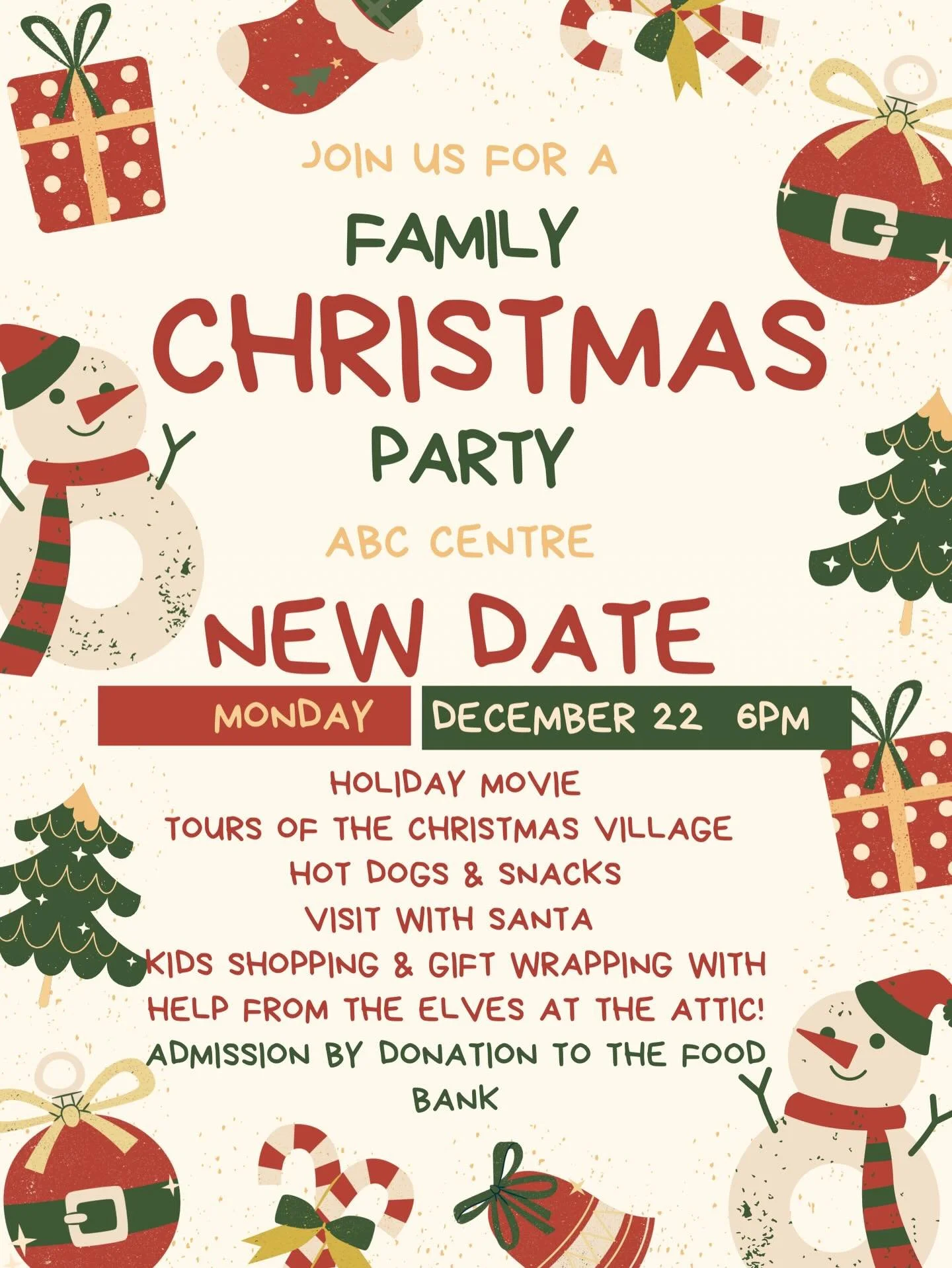 ❄️ Important Update ❄️

Due to the storm moving in, we&rsquo;ve made the decision to reschedule the Family Christmas Party at the ABC Centre to help keep everyone safe.

🎄 New date: Monday, December 22nd
⏰ Same time &amp; location

We apologize for 
