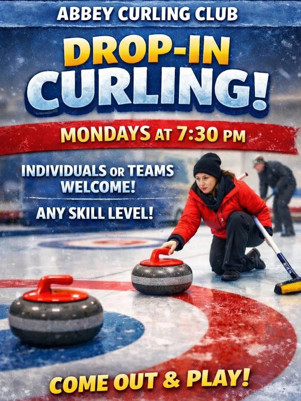 Ice time is calling! 🥌⛸️
If you haven&rsquo;t yet, please settle up your rink fees&mdash;thank you for supporting our local rinks.
👉 Skating Lessons Sundays Starting at 4:30
👉 Drop In Curling every Monday at 7:30 PM
👉 Mixed Bonspiel February 20&n