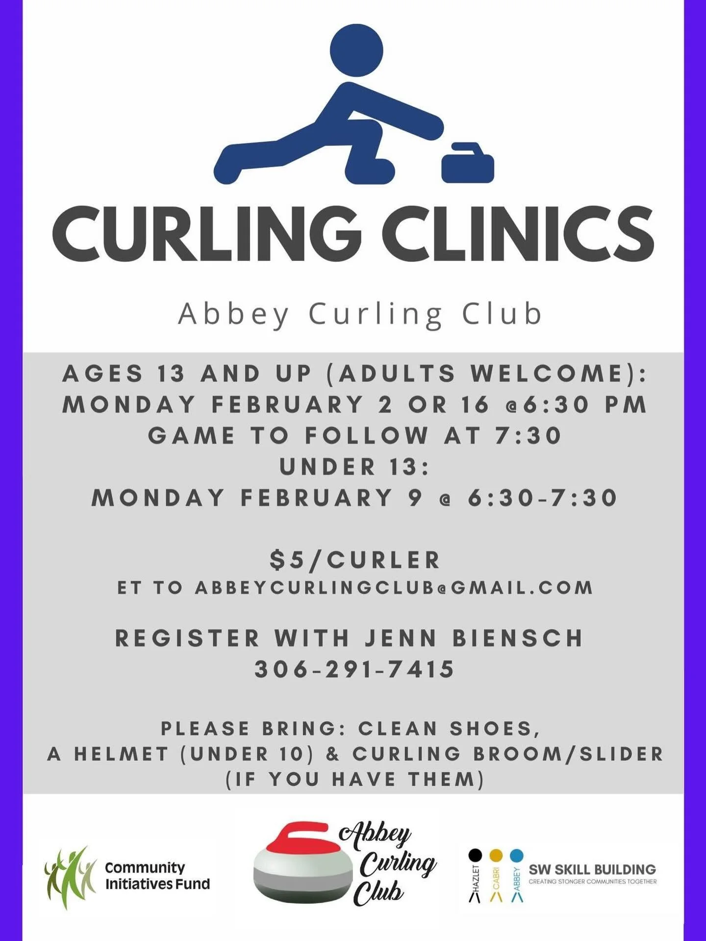 We have added one more teen/adult curling clinic in February! Join us for an hour of instruction followed by a game on February 2 or 16- all skill levels welcome! 
Or if you have a child under 13 who would like to learn the sport or improve their ski