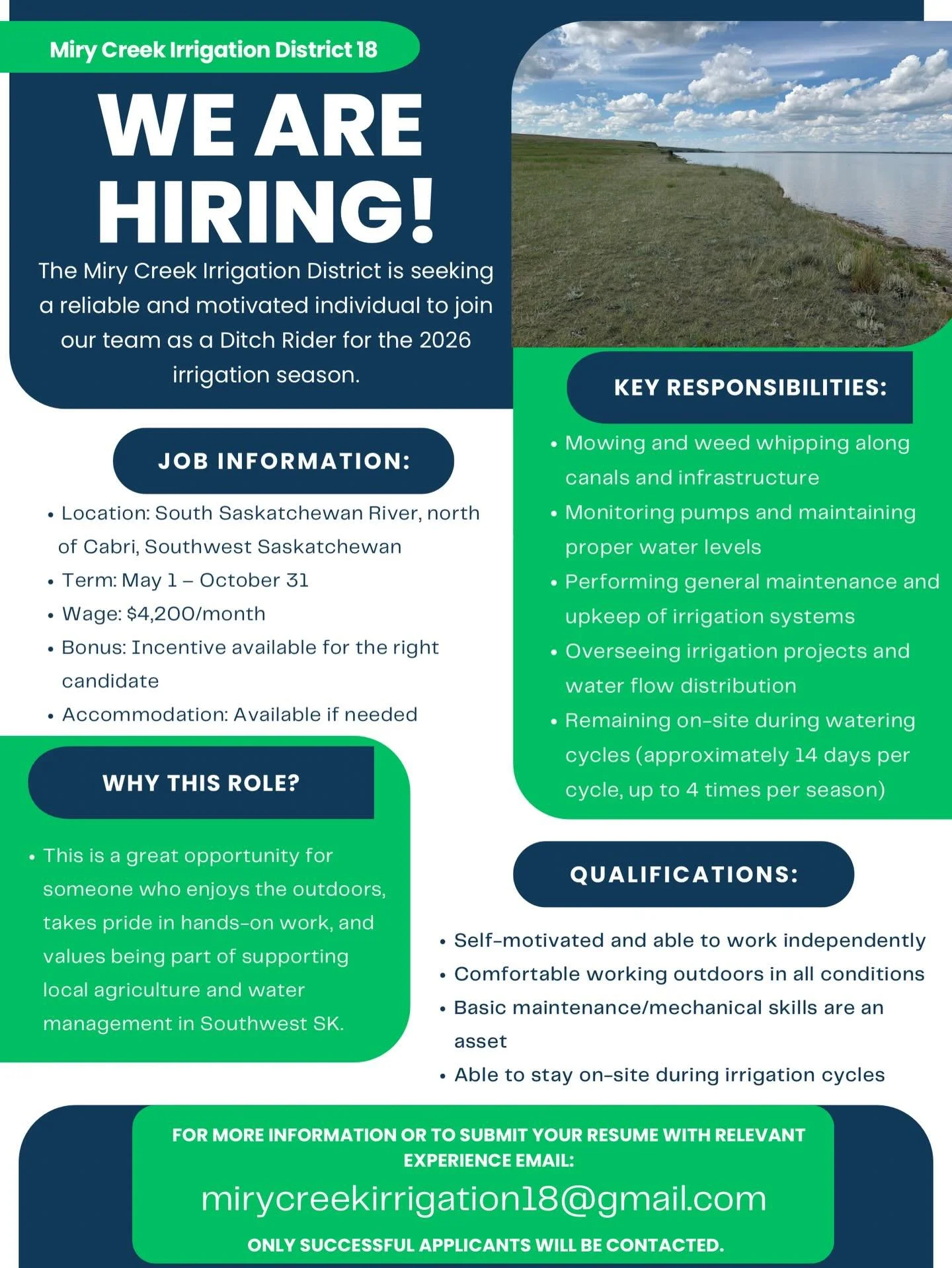 Job Posting: Ditch Rider &ndash; Miry Creek Irrigation District

The Miry Creek Irrigation District is seeking a reliable and motivated individual to join our team as a Ditch Rider for the 2026 irrigation season.

More information on Posting ⬆️
@cabr