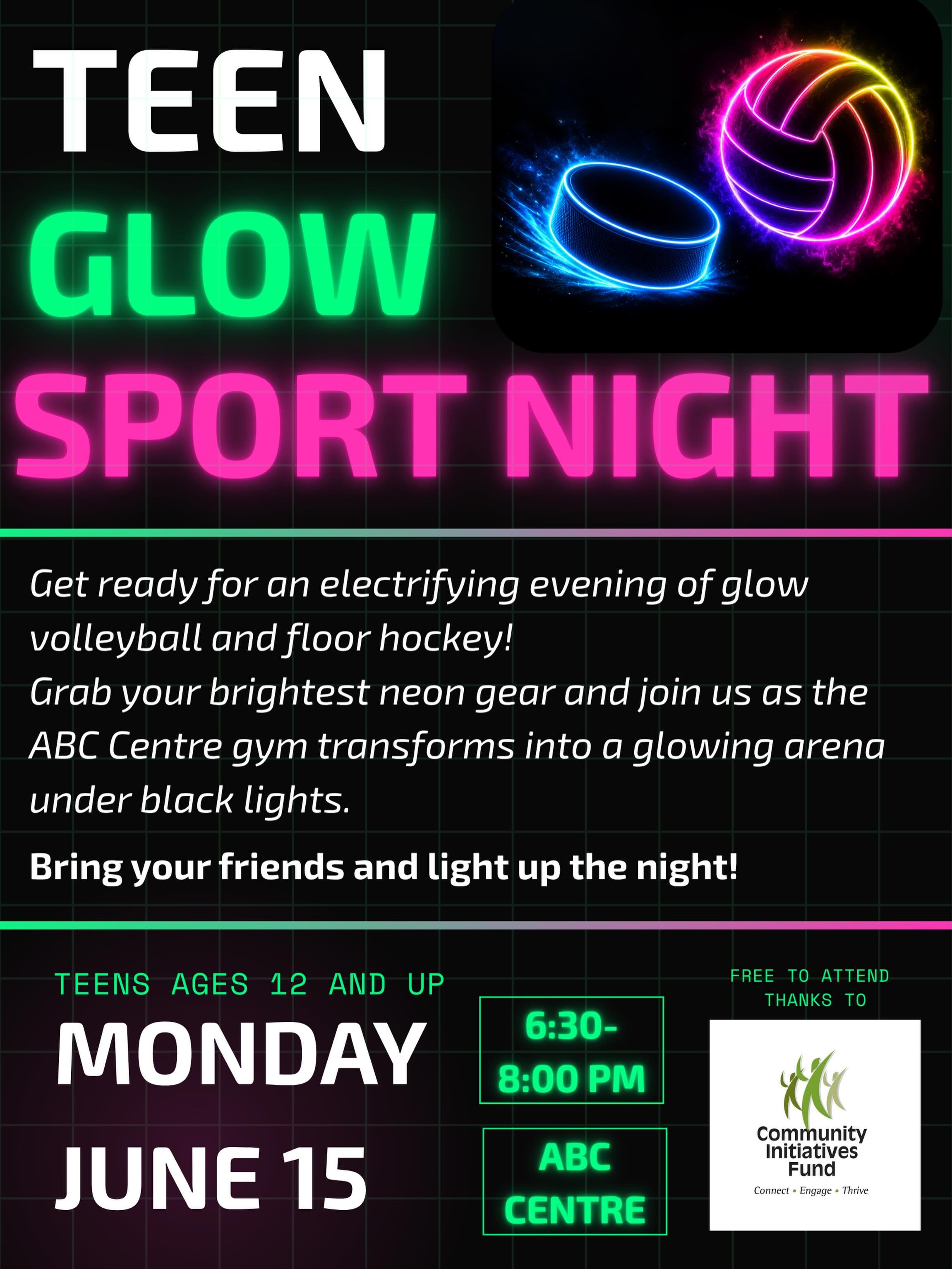The first event in our summer programming will be for teens! 🌟 GLOW SPORTS NIGHT 🌟

Get ready for an electrifying evening of Glow Volleyball and Glow Floor Hockey! Grab your brightest neon gear and join us as the gym transforms into a glowing arena