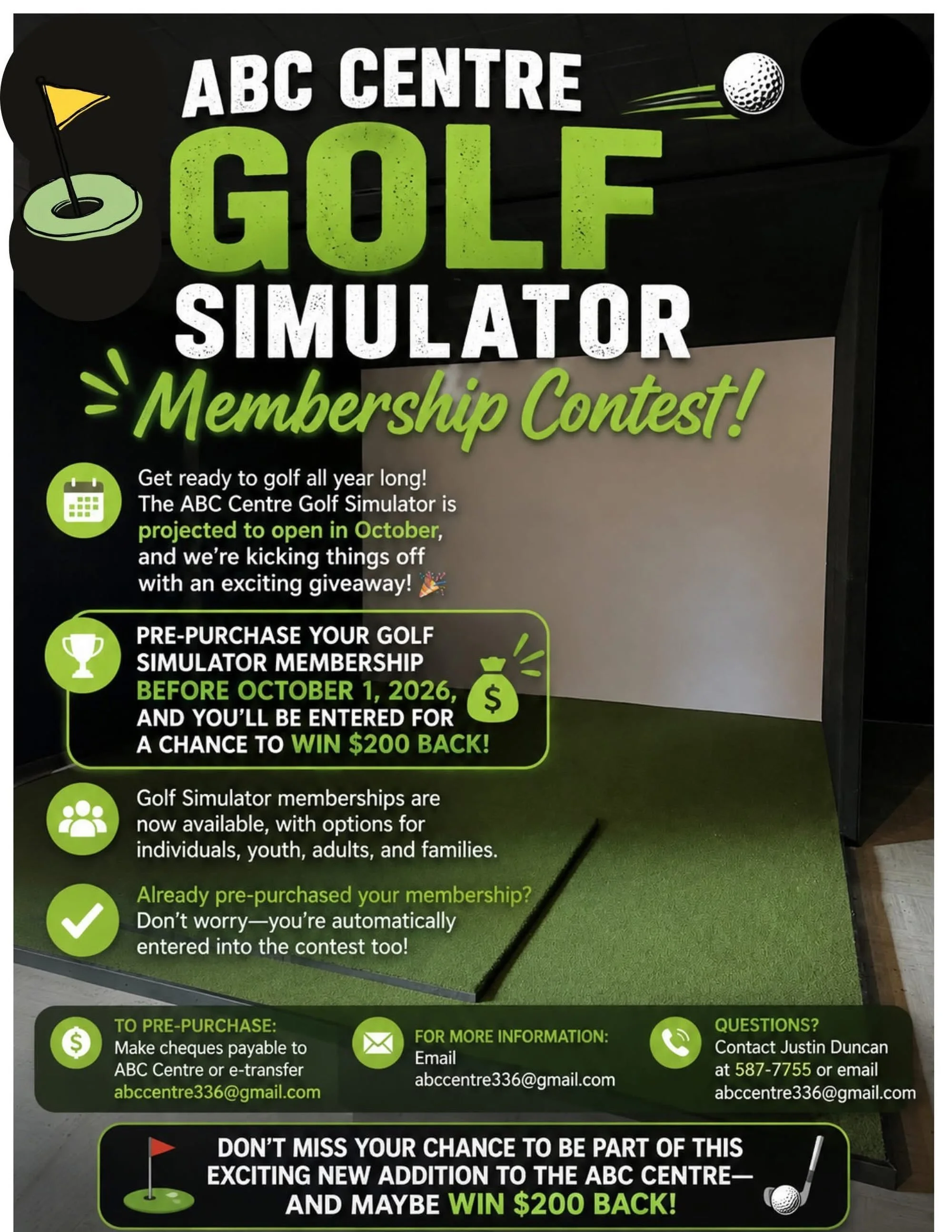 🏌️&zwj;♂️ ABC Centre Golf Simulator Membership Contest! 🏌️&zwj;♀️

Get ready to golf all year long! The ABC Centre Golf Simulator is projected to open in October, and we&rsquo;re kicking things off with an exciting giveaway! 🎉

Pre-purchase your G