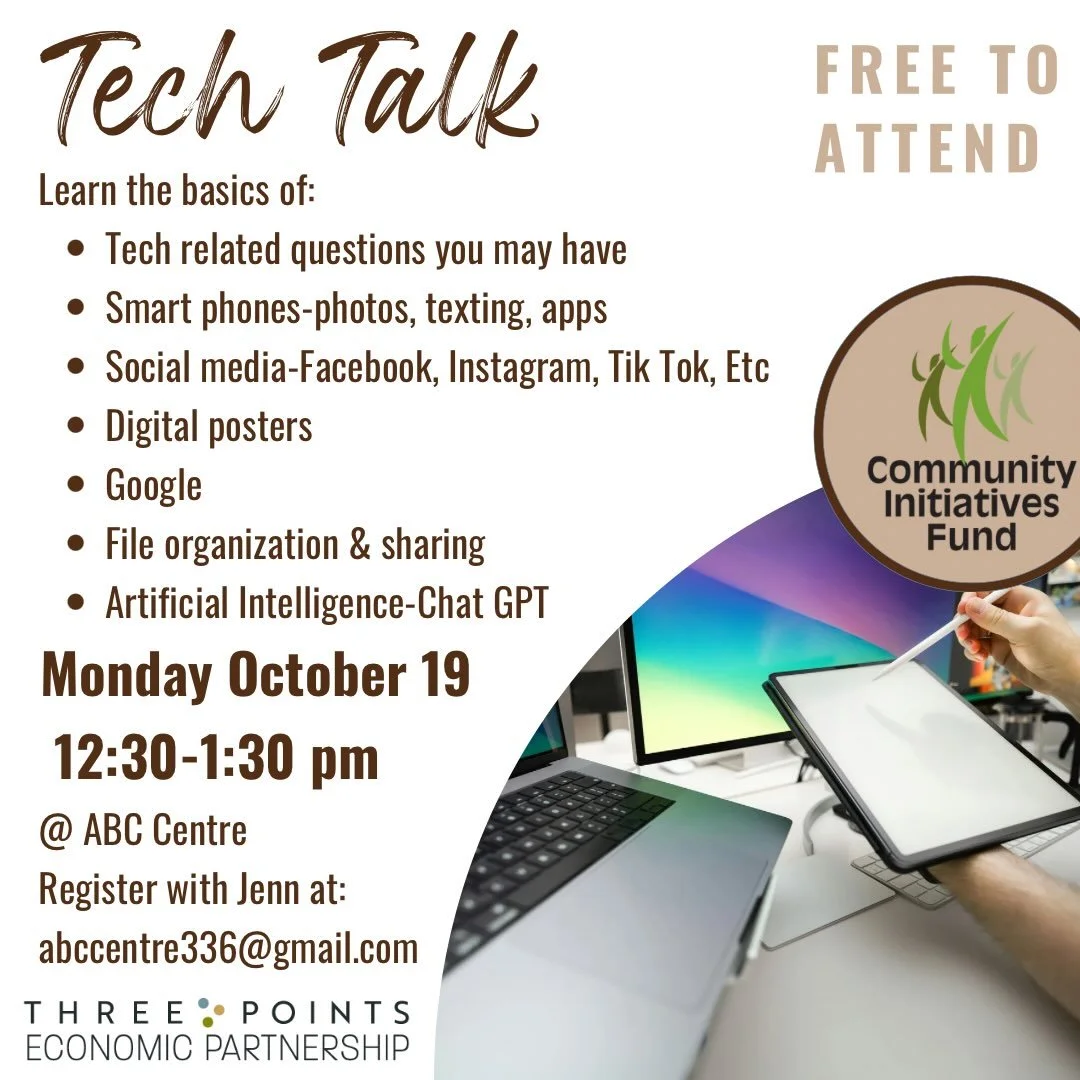 Tech Talk is back! Curious about AI? Social media? How to use your phone? Join Jenn for an informal tech talk on Monday October 19. Please pregister.