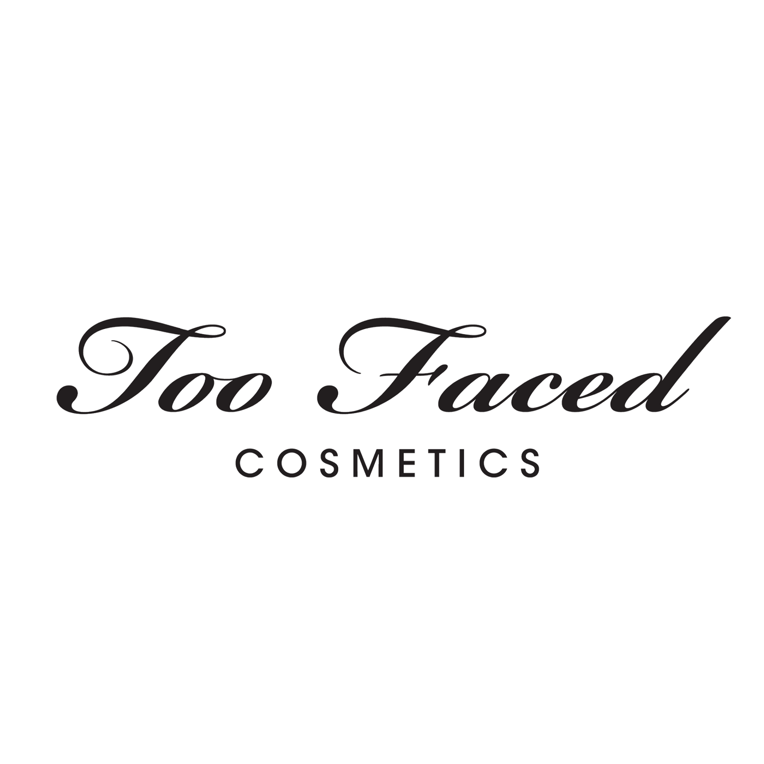 Logo of Too Faced Cosmetics with elegant black script for 'Too Faced' and uppercase 'COSMETICS' underneath.