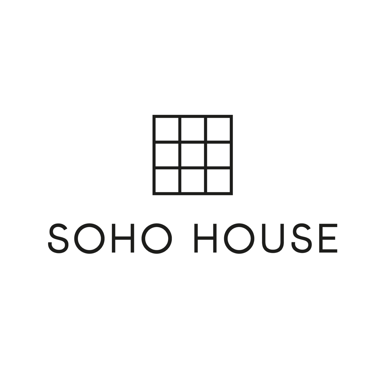 Logo for Soho House featuring a simplified black outline of a window with nine panes and the words "SOHO HOUSE" in bold black letters beneath it.
