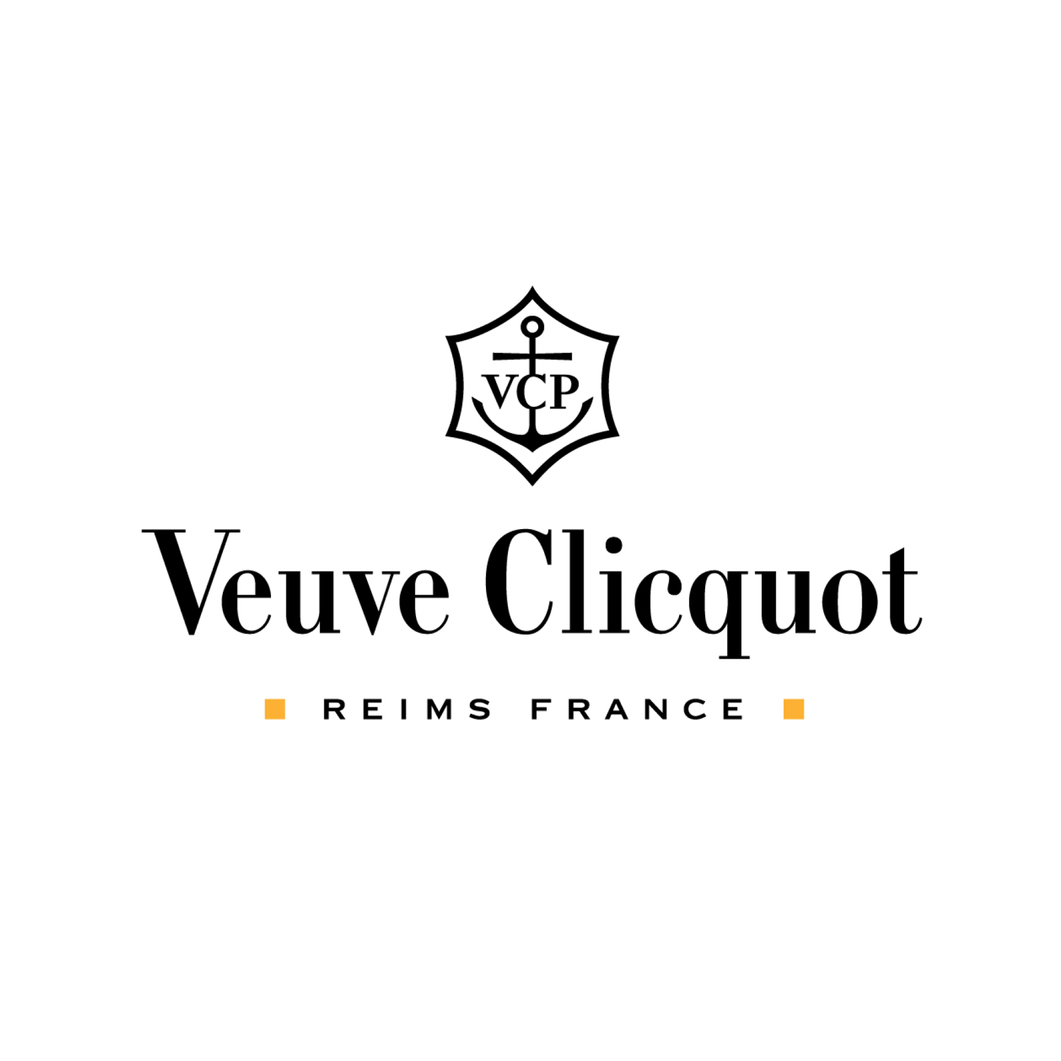 Logo for Veuve Clicquot, a Champagne brand, featuring a shield with an anchor and the initials VCP, along with the text 'Veuve Clicquot' and 'Reims France' with orange squares.