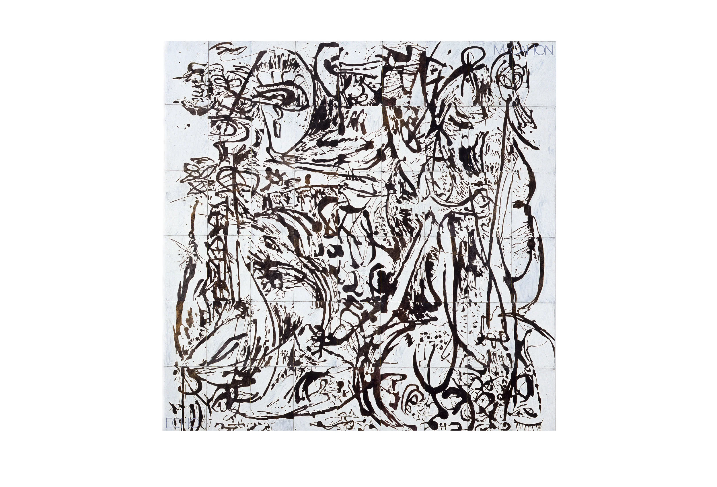 Imants Tillers Echo , 1991 oilstick, gouache, synthetic polymer paint on 54 canvasboards, nos. 31353 - 31406 228.6 x 228.6 cm Private Collection