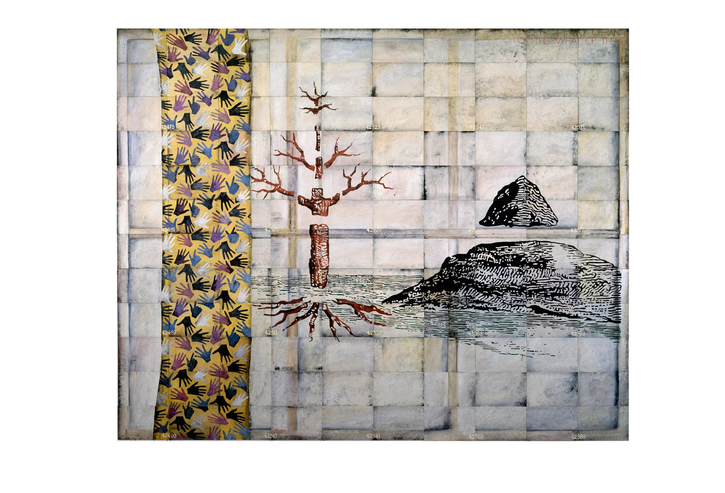 Imants Tillers World Without Words , 1995 oilstick, gouache, synthetic polymer paint on 120 canvasboards, nos. 42470 - 42589 304.8 x 381.0 cm Private Collection