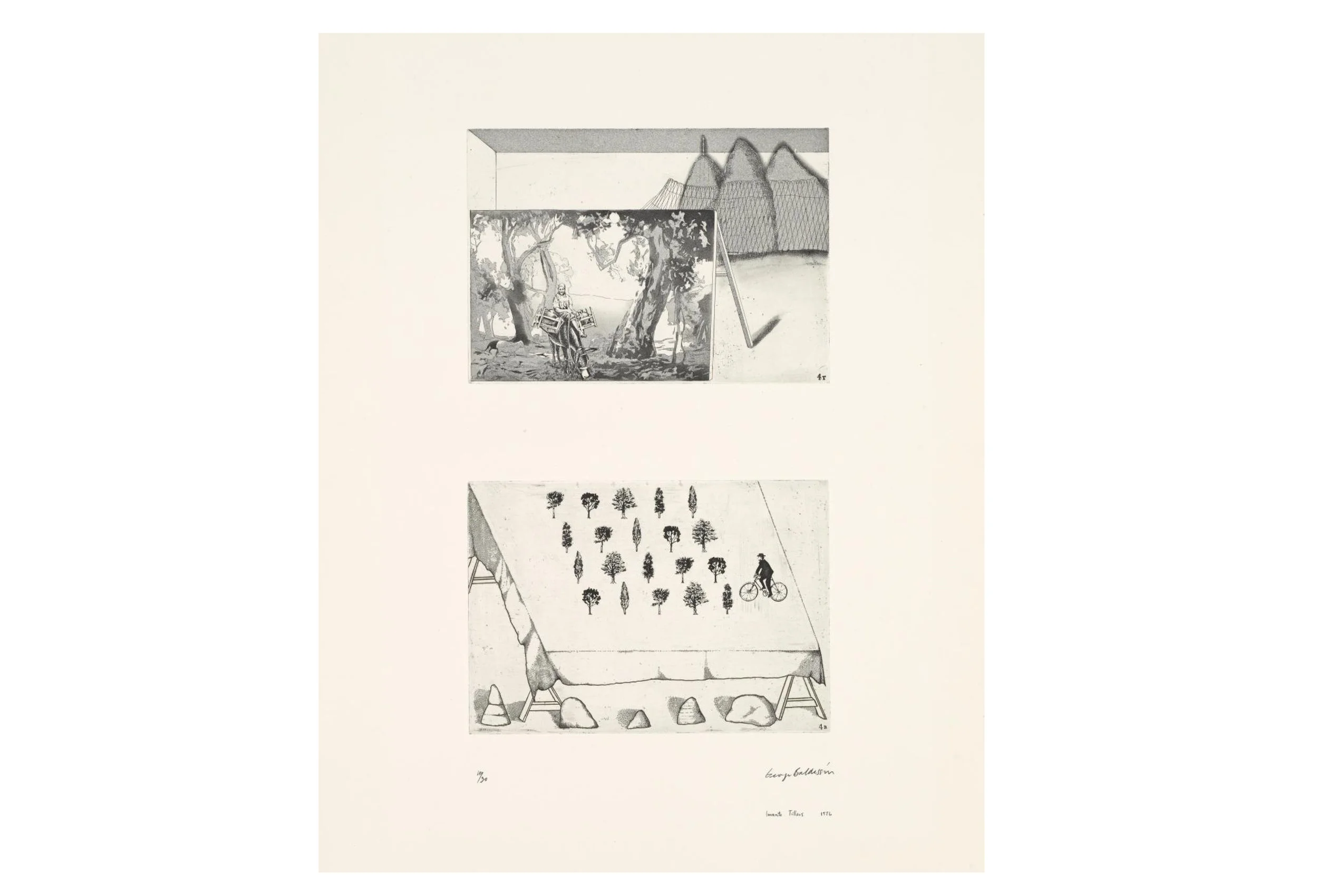 Imants Tillers and George Baldessin According to Des Esseintes 4 , 1976 from the suite According to Des Esseintes etching and aquatint on arches paper printed by Pascal Giraudon in Nice, France 18.0 × 25.6 cm (plate) (top) 17.8 × 25.6 cm (plate) (bottom) 42.6 × 25.6 cm (comp.) 64.8 × 50.8 cm (sheet) Collections: National Gallery of Victoria, Melbourne; Art Gallery of New South Wales; National Gallery, Wellington, Queensland Art Gallery, Brisbane, National Gallery of Australia, Canberra