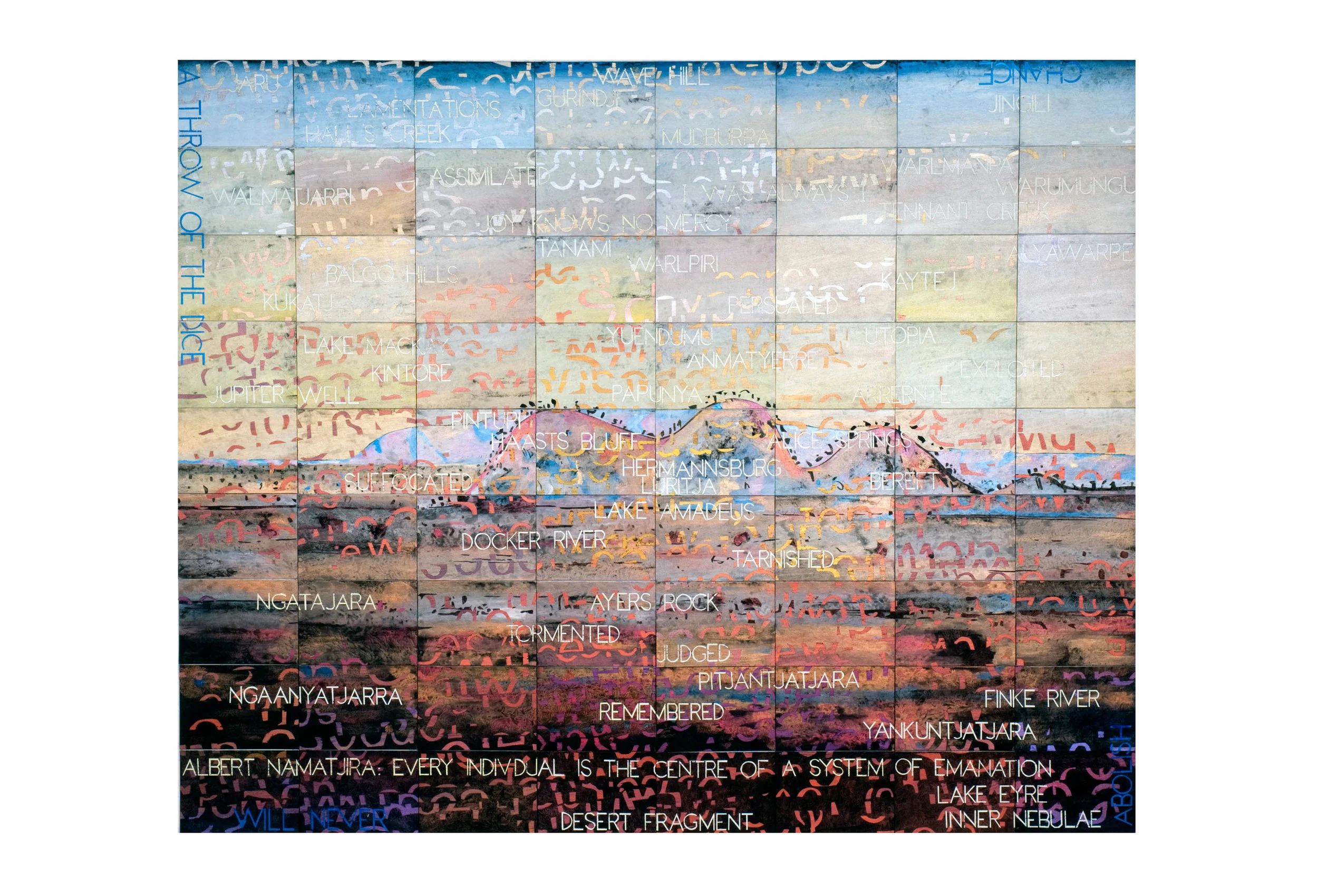 Imants Tillers Melancholy Landscape VII , 2011 synthetic polymer paint, gouache on 72 canvasboards nos. 89453 - 89524 216 x 268.8 cm Exhibited: Imants Tillers: Nature Speaks ', Greenaway Art Gallery, Adelaide, 25 May - 26 June 2011 Imants Tillers: From the Studio , The University Gallery, Newcastle, 2018