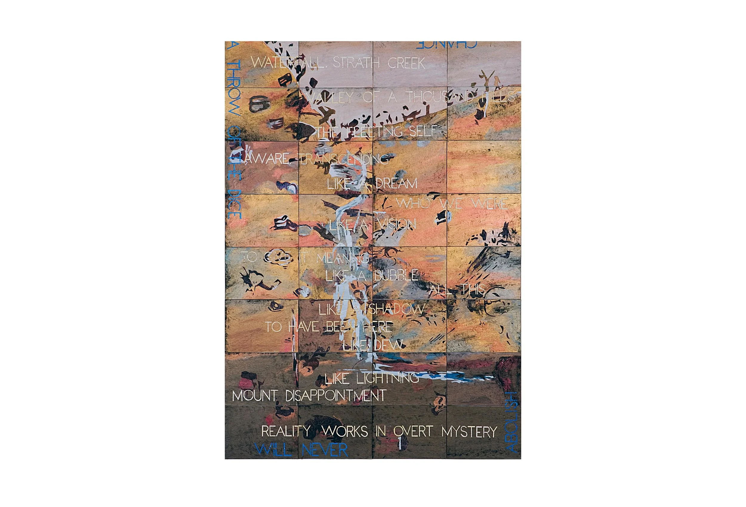 Imants Tillers Waterfall (After Williams), 2011 synthetic polymer paint, gouache on 32 canvasboards, nos. 89282 - 89313 Winner of the 2012 Wynne Prize for Landscape Painting, Art Gallery of New South Wales, Sydney