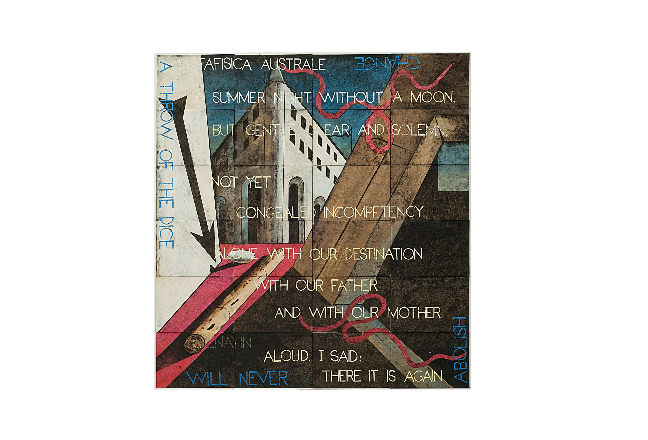 Imants Tillers Blue Tongue Ancestor , 2014 acrylic, gouache on 24 canvasboards, nos. 95285 - 95308 150.5 × 142.5cm Exhibited: Imants Tillers: Metafisica Australe , Roslyn Oxley9 Gallery, Sydney, 2014