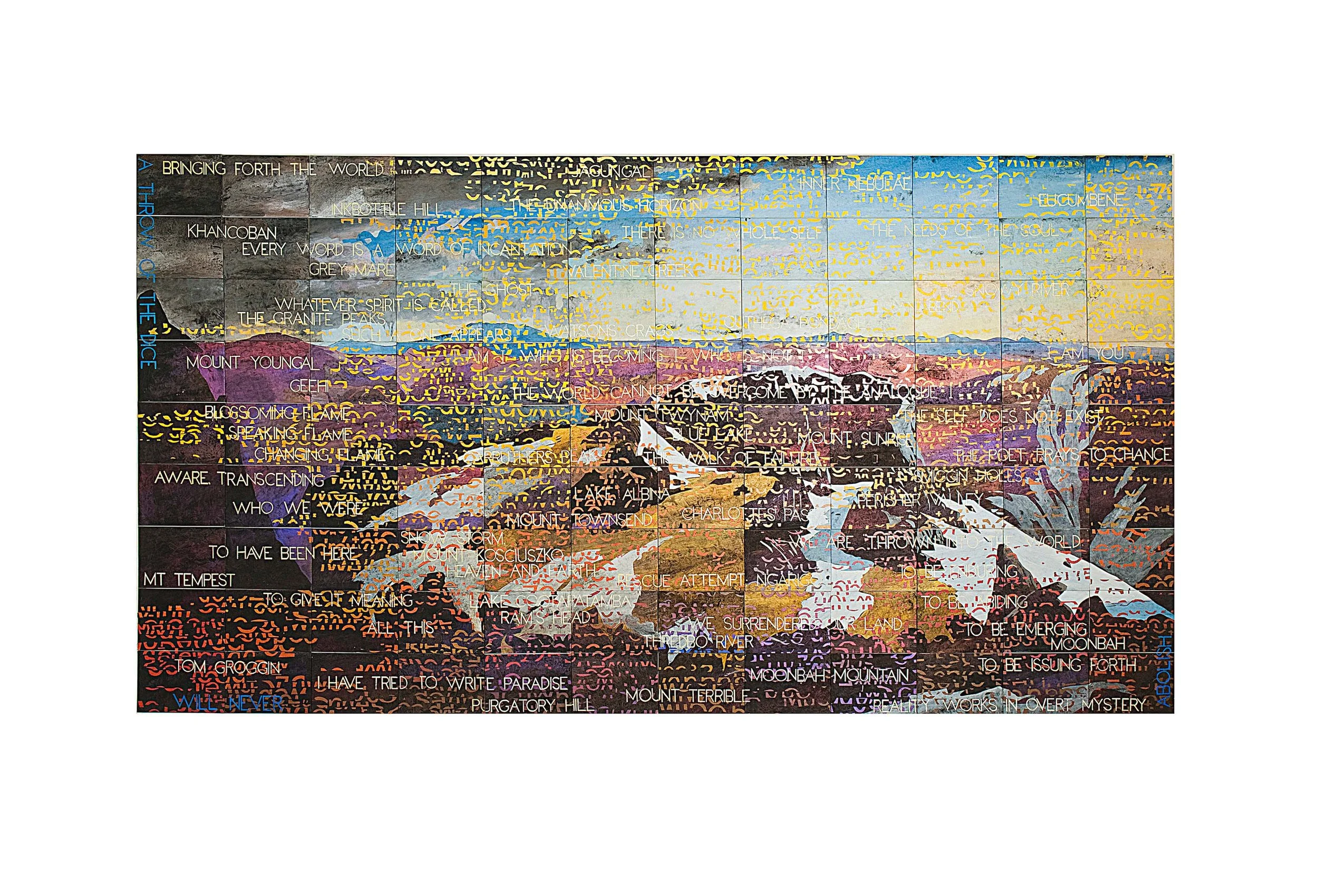 Imants Tillers On the Mountain , 2013 acrylic, gouache on 108 canvas boards, nos. 89998-90105 226 × 424.5cm Exhibited: Imants Tillers : Metafisica Australe, Roslyn Oxley9 Gallery, Sydney, 2015