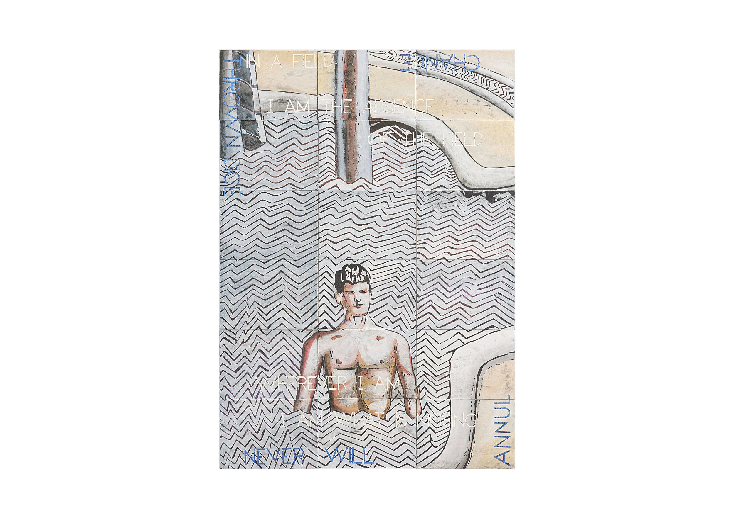 Imants Tillers The Mysterious Bathers , 2015 synthetic polymer paint, gouache on 18 canvasboards, nos. 93575 - 93592 152.4 x 106.7 cm Exhibited: Imants Tillers: Metafisica Australe , Arc One Gallery, Melbourne, 17 May - 18 June 2016