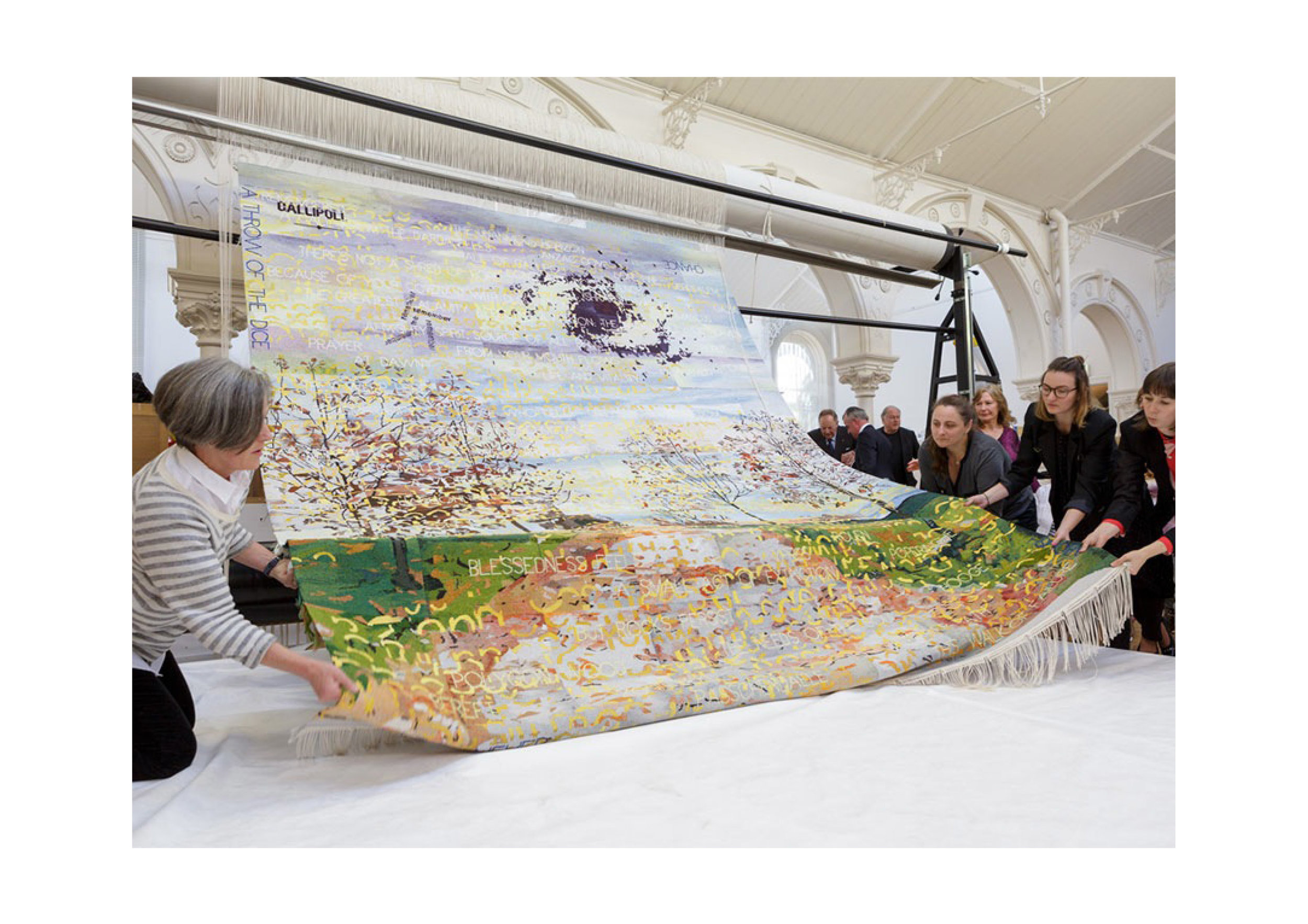  Imants Tillers and the Australian Tapestry Workshop   Avenue of Rememberance , 2014-15  tapestry: cotton and wool 330 x 280 cm Cutting off ceremony at the Australian Tapestry Workshop, Melbourne. Collection: Australian War Memorial, Canberra 