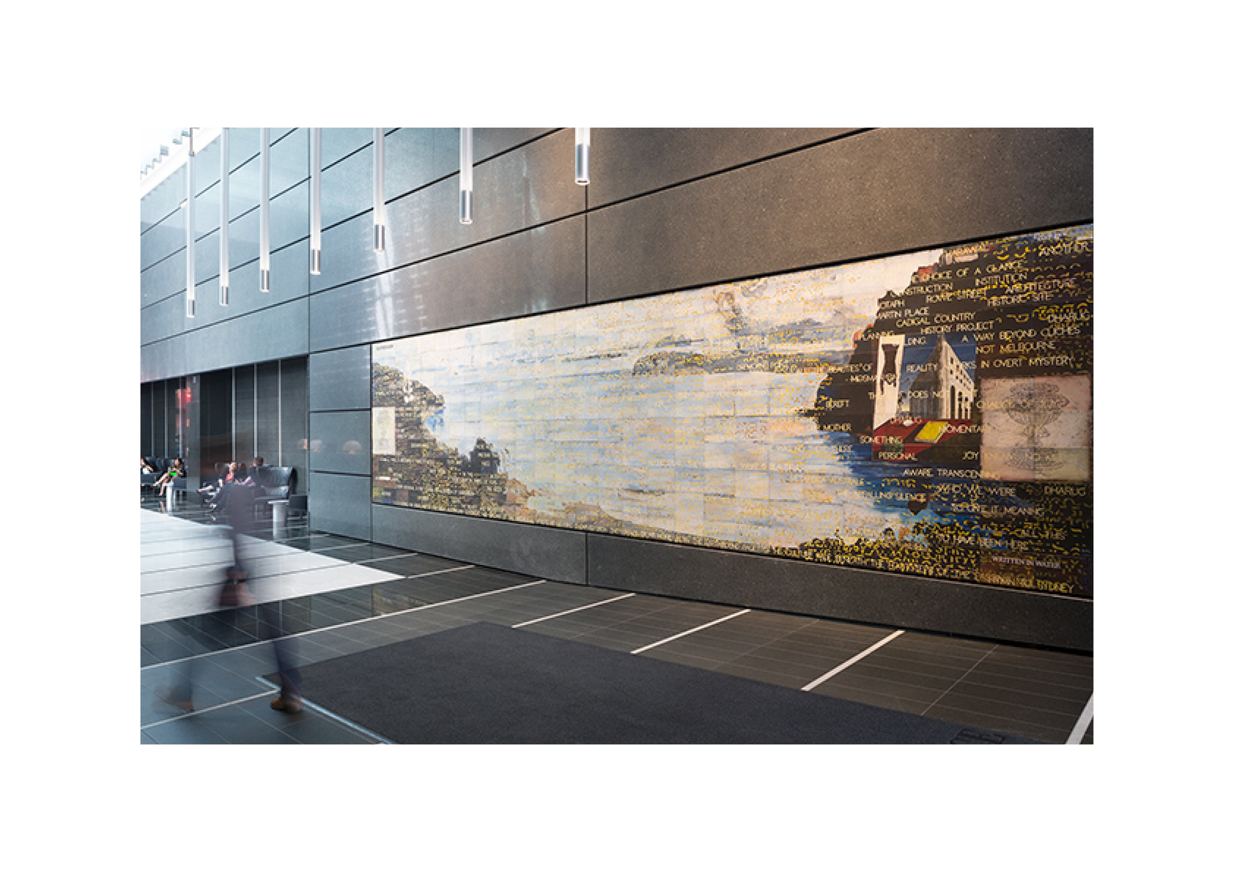  Imants Tillers   Written in Water (Hymn to Sydney) , 2014  Installation view synthetic polymer paint, gouache on 270 canvasboards, nos. 91939 - 92208 254 x 960 cm Collection: 5 Martin Place, Commonwealth Bank Building, Sydney 