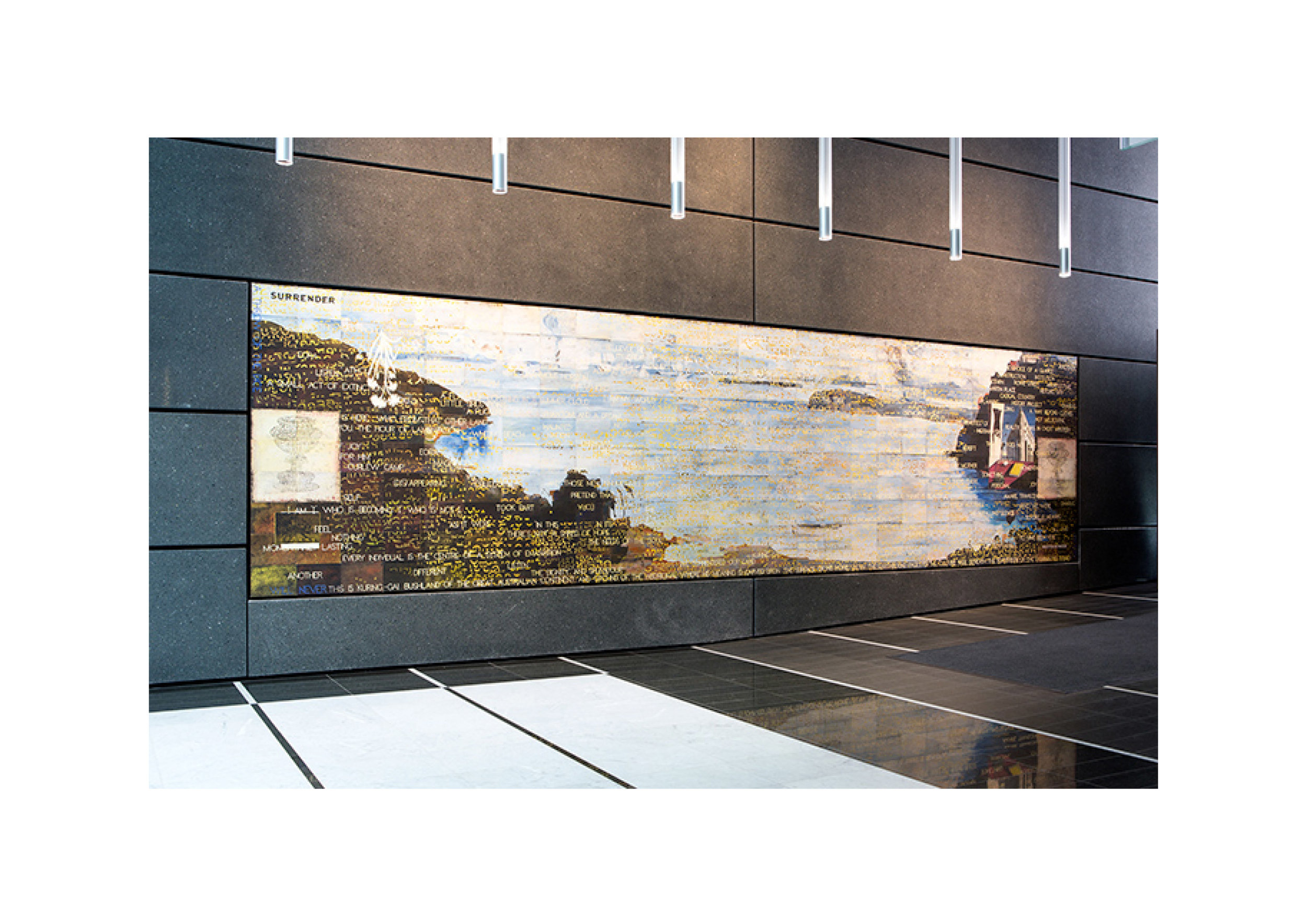  Imants Tillers   Written in Water (Hymn to Sydney) , 2014  Installation view synthetic polymer paint, gouache on 270 canvasboards, nos. 91939 - 92208 254 x 960 cm Collection: 5 Martin Place, Commonwealth Bank Building, Sydney 