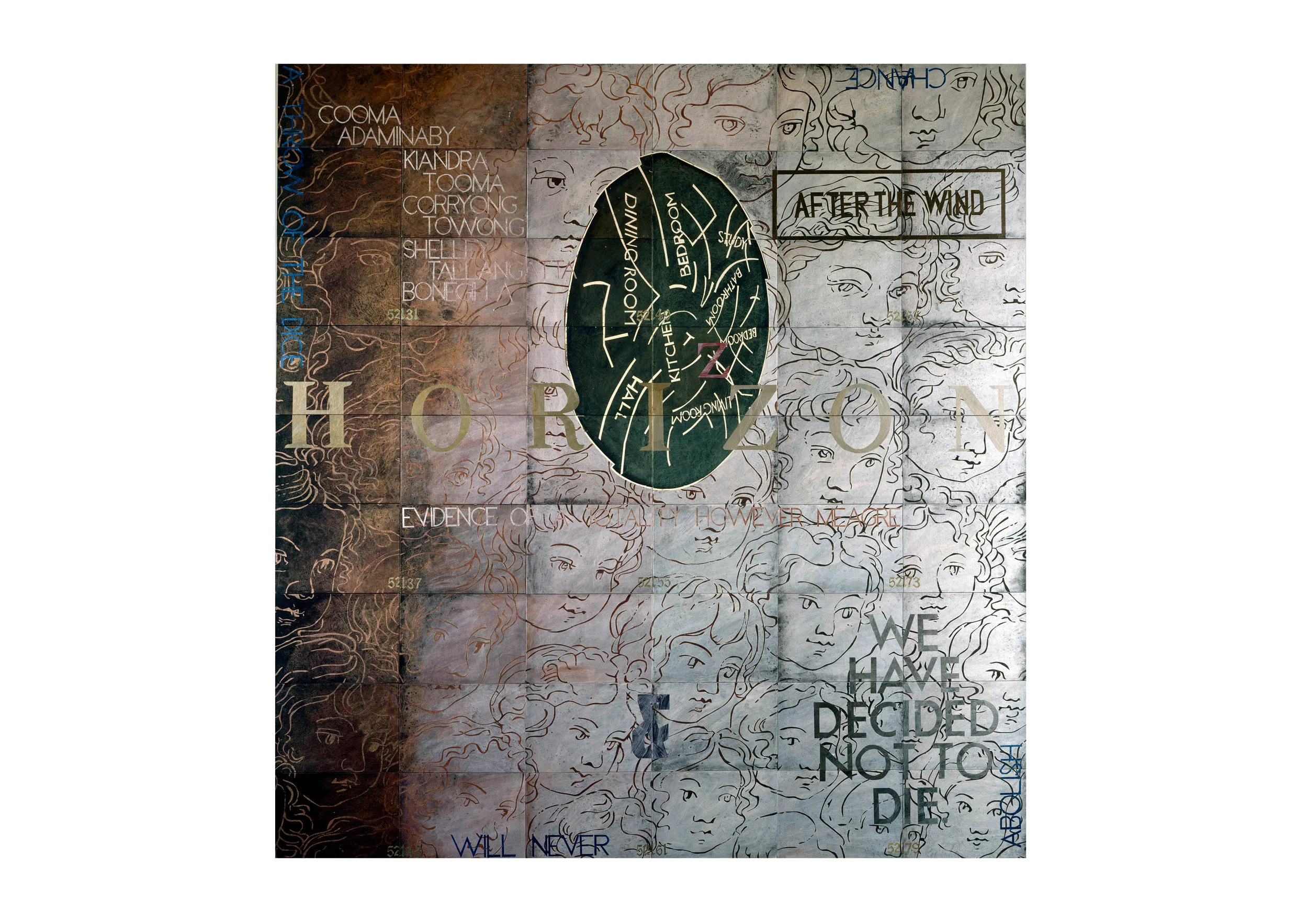 Imants Tillers Bonegilla II , 1999 synthetic polymer paint, gouache on 54 canvasboards nos. 65340 - 65393 228.6 x 213.4 cm