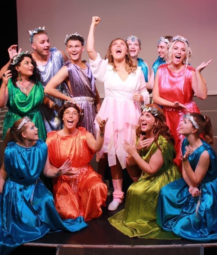 Some of the cast of Xanadu, including Kate Peardon in lime green and auburn wig!