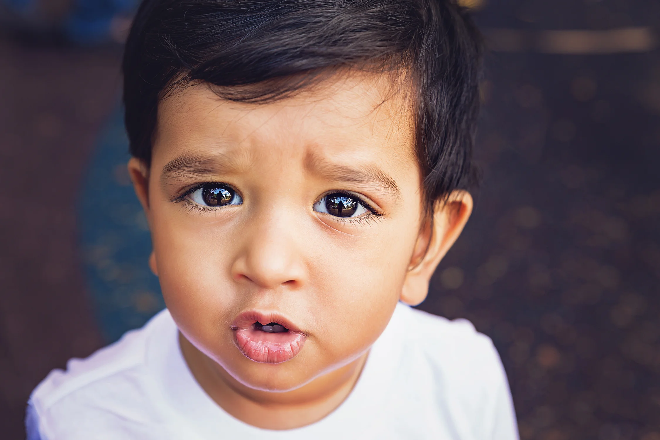 The sweetest little boy with jet black hair and the biggest brown eyes, with lashes to die for in the park by Liquid light Portraits