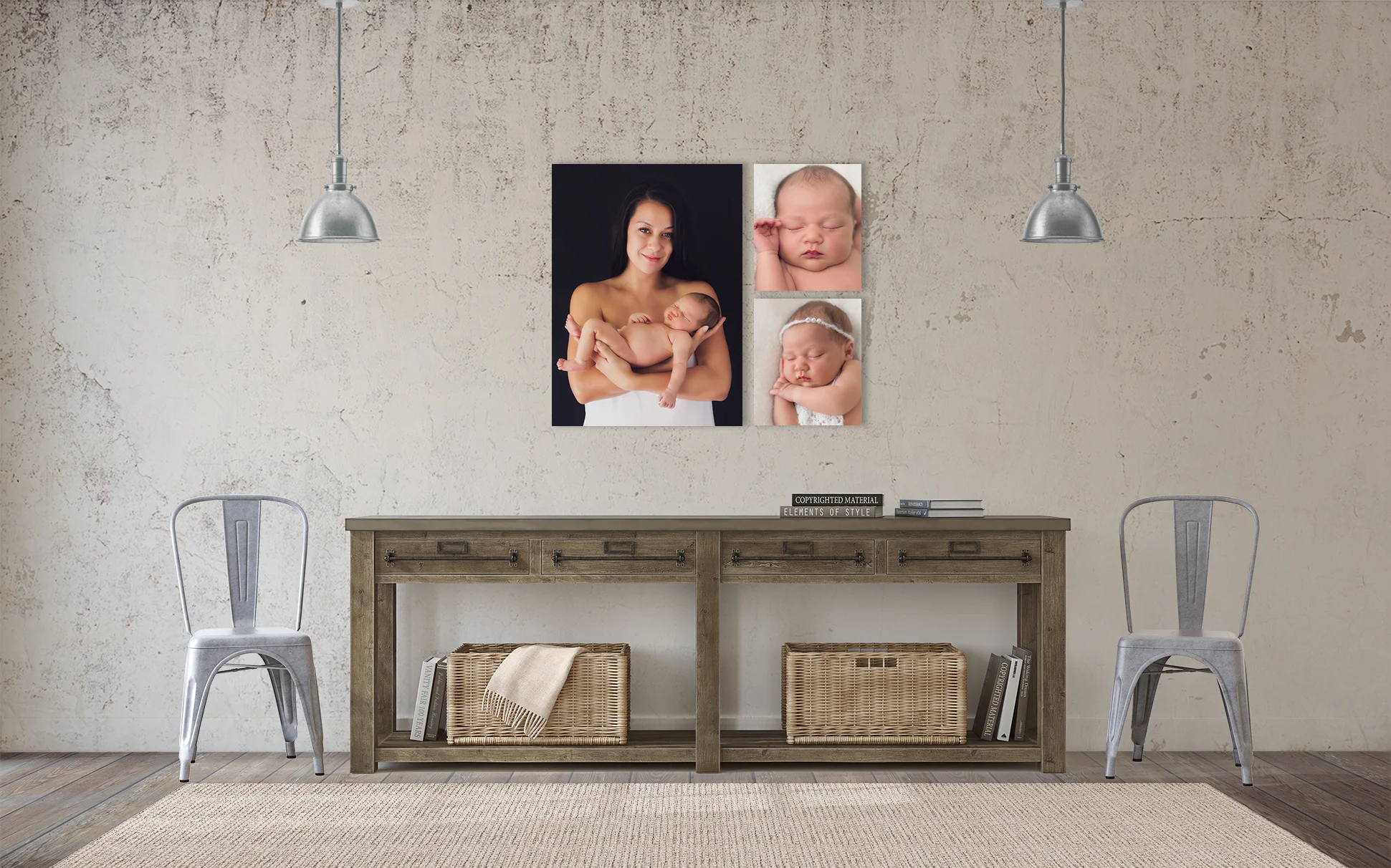 A custom canvas collection of a mother and newborn girl on display in an industrial hallway