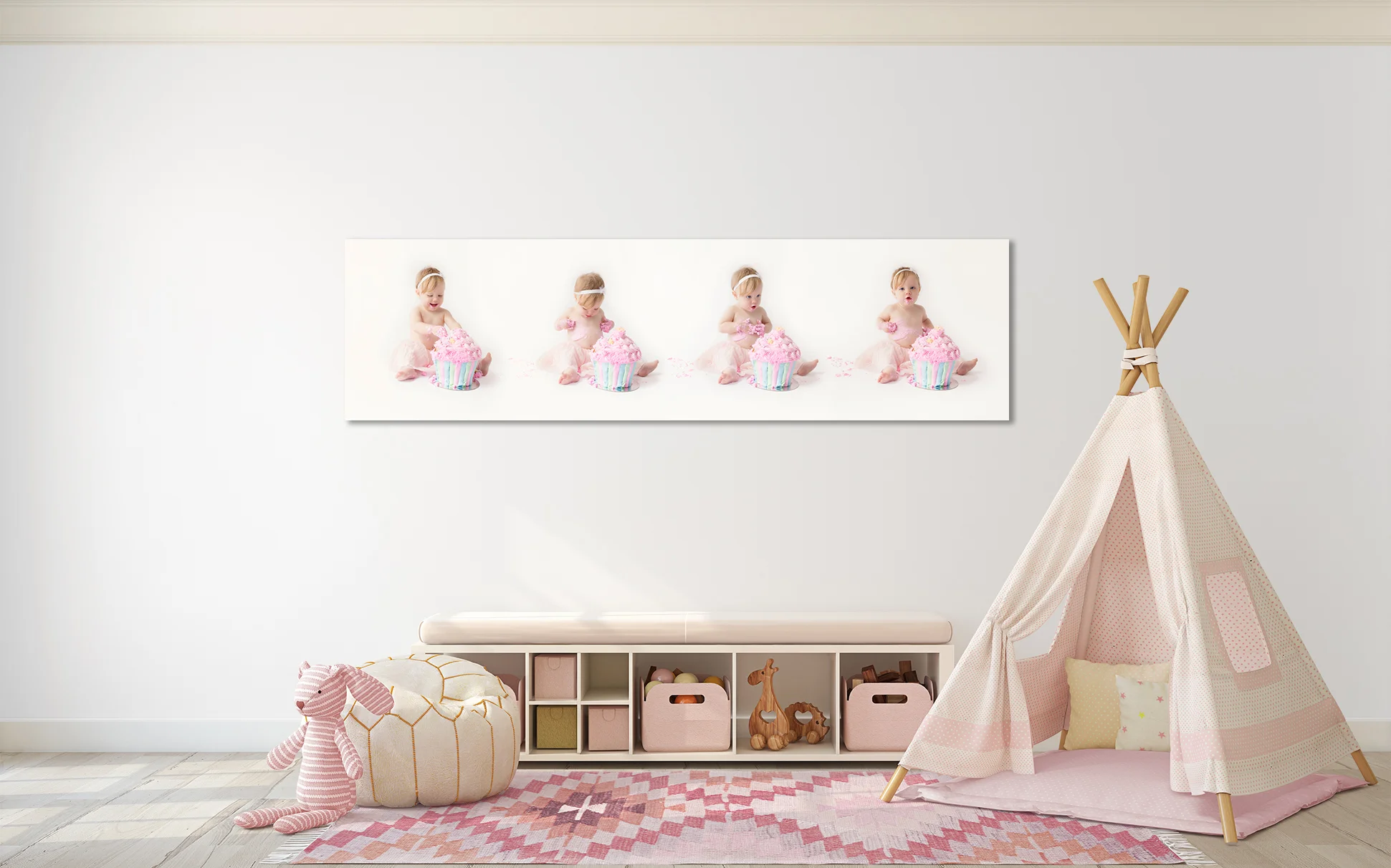 Baby Girl's 1st birthday cake smash Pano Print in playroom with teepee by Liquid Light Portraits