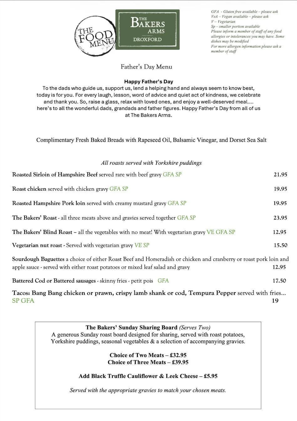 Father’s Day at The Bakers Arms – Sunday 21st June